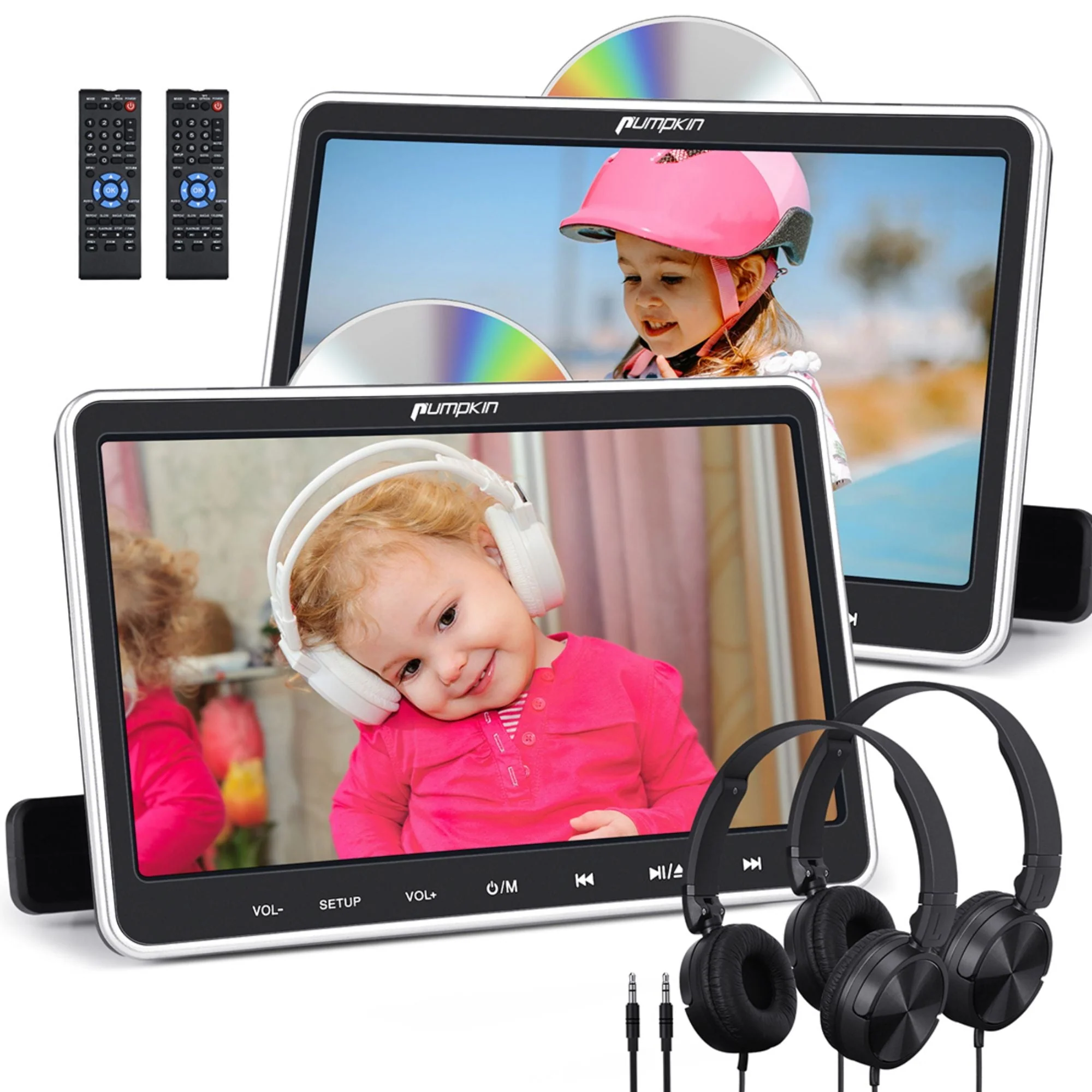 10.1” Dual Headrest DVD Players for Car with Headphones, 2 Mount Brackets HDMI Input Region Free Last Memory