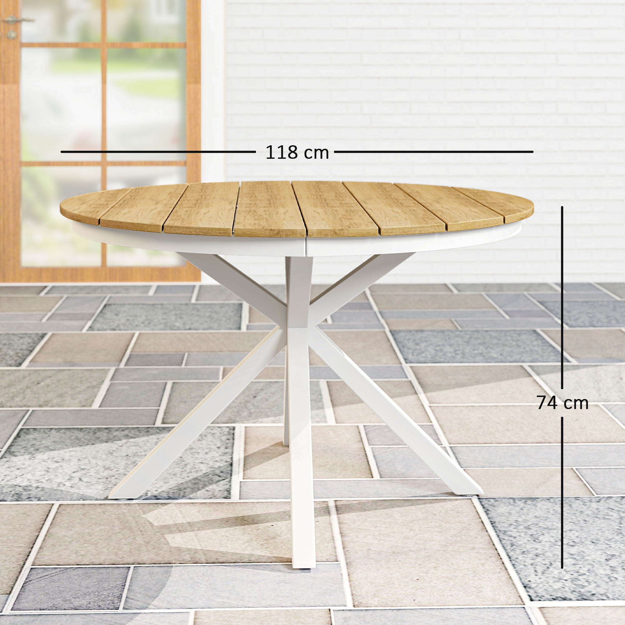 Outsunny Tuintafel Ø118cm, Weerbestendig Balkontafel uit Aluminium, Bijzettafel met Kruispoten Latontwerp Teak