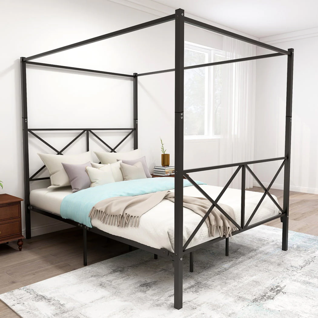 Queen Size Metal Canopy Bed Frame, Four Poster Platform Bed Frame with X Shaped Headboard and Footboard,Bed Mattress Foundation with Sturdy Metal Slat Support