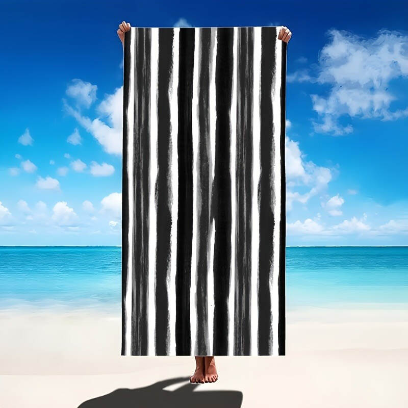 1-piece black and white ink stripe beach towel - Large size, quick-drying polyester microfiber, sand-resistant and sun-protective, lightweight and easy to carry, suitable for surfing, swimming, yoga, and summer travel - wanlinfang