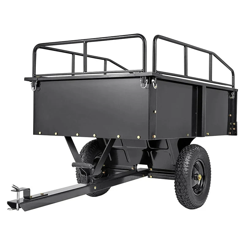Heavy Duty ATV Trailer Steel Dump Cart. 750-Pound 15 Cubic Feet. Garden Utility Trailer with Removable Sides for Riding L
