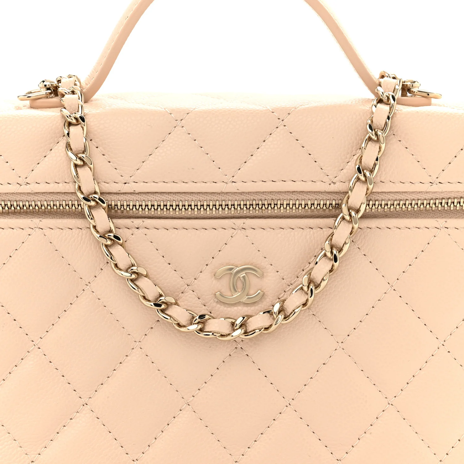 Caviar Quilted Top Handle Slim Vanity With Chain Beige