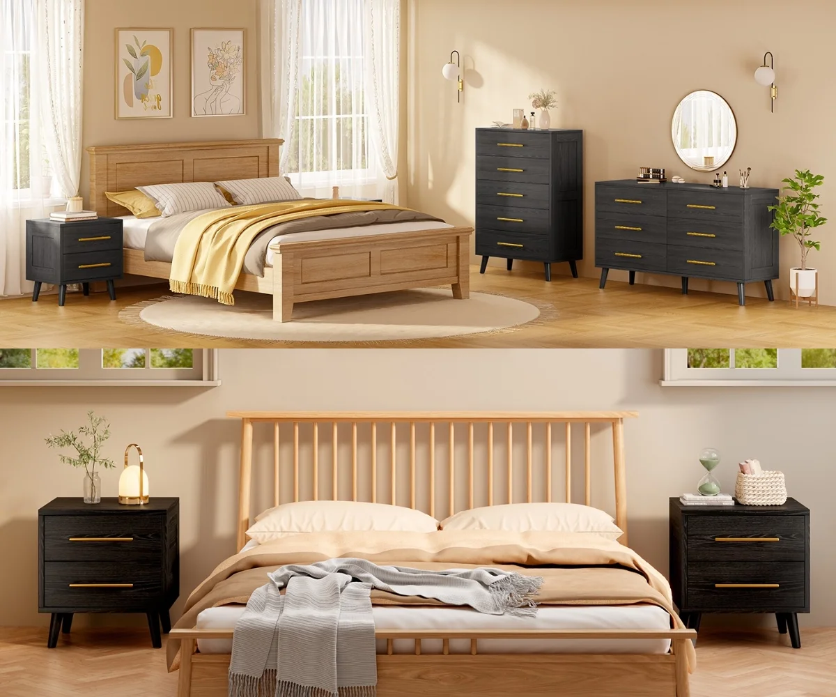 Bedroom Furniture Set Includes Queen Bed Frame, Nightstands Set of 2, 5-Drawer Dresser Double Wide 6-Drawer Dresser Modern Storage Solution for Stylish Home Decor, Black(Black/Dark Gray) - Image 7