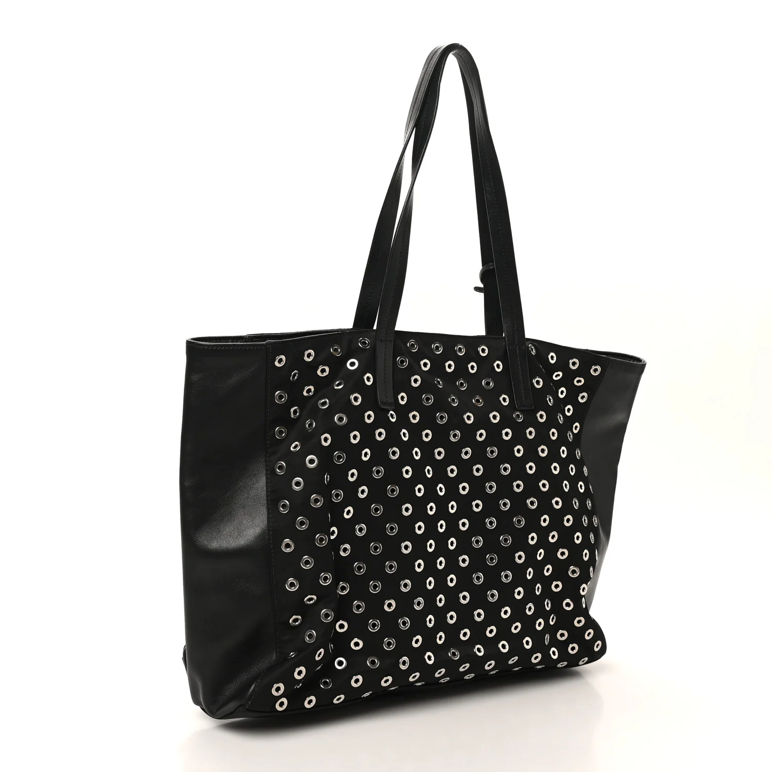 Tessuto Nylon Calfskin Grommet Tote Black