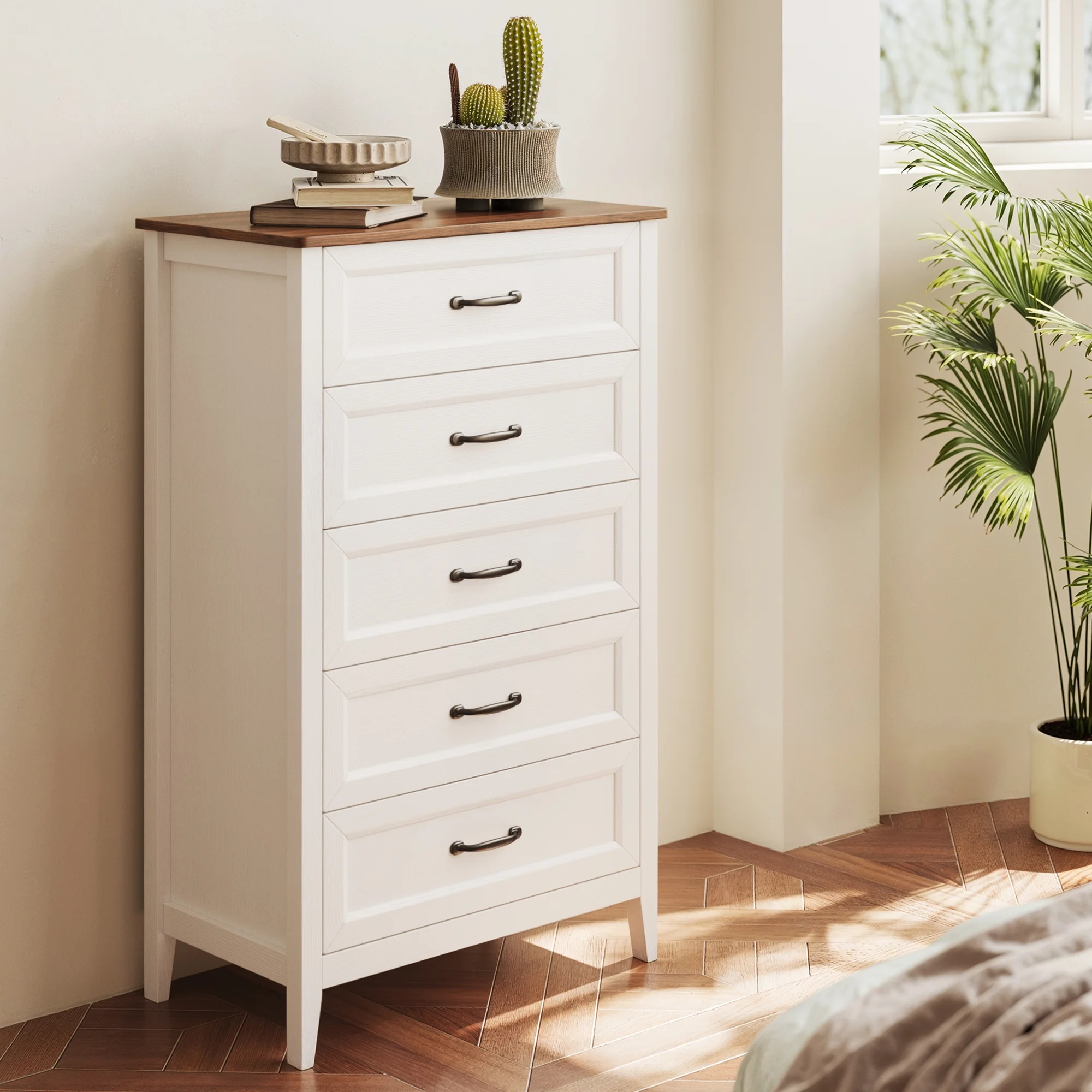 Lofka Farmhouse 5 Drawers Dresser for Bedroom, 45" Tall Wood Rustic Chest of Drawers with Wide Metal Handle, Natural Texture, Drawer Organizer for Bedroom, Living Room, White+Retro