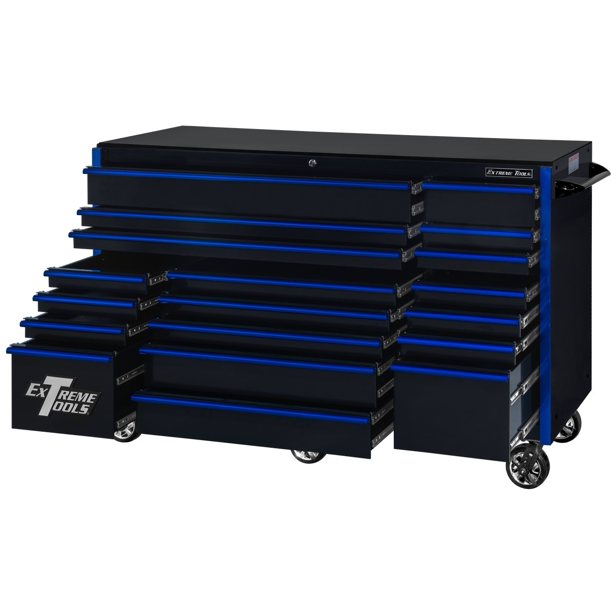 Servante d'atelier à roulettes Extreme Tools 72″ x 30″, 19 tiroirs avec glissières de 113 kg (250 lb), série RX 250