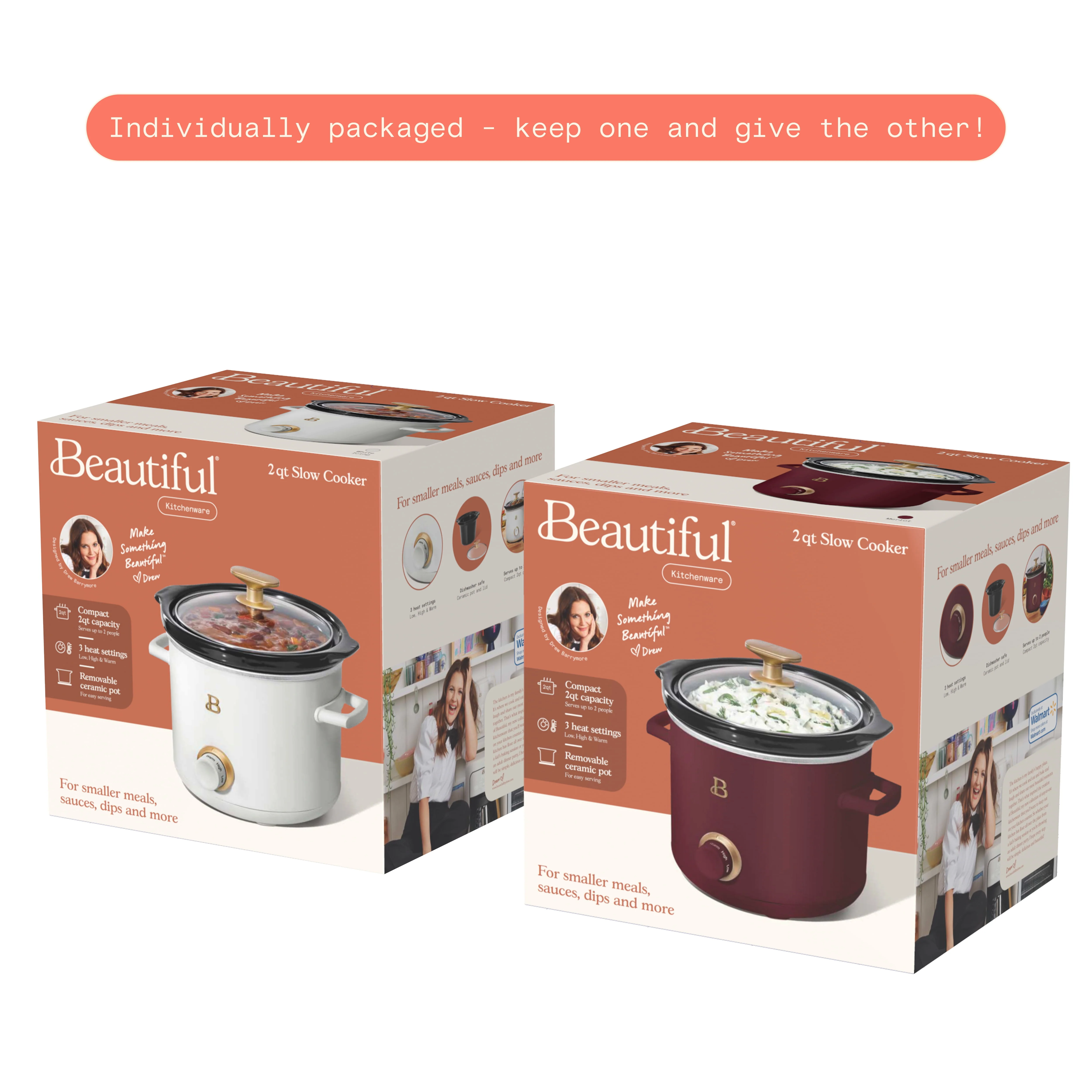Beautiful 2 qt Slow Cooker Set, 2 Pack, White Icing and Merlot by Drew Barrymore, 19340, 100 W Image 7