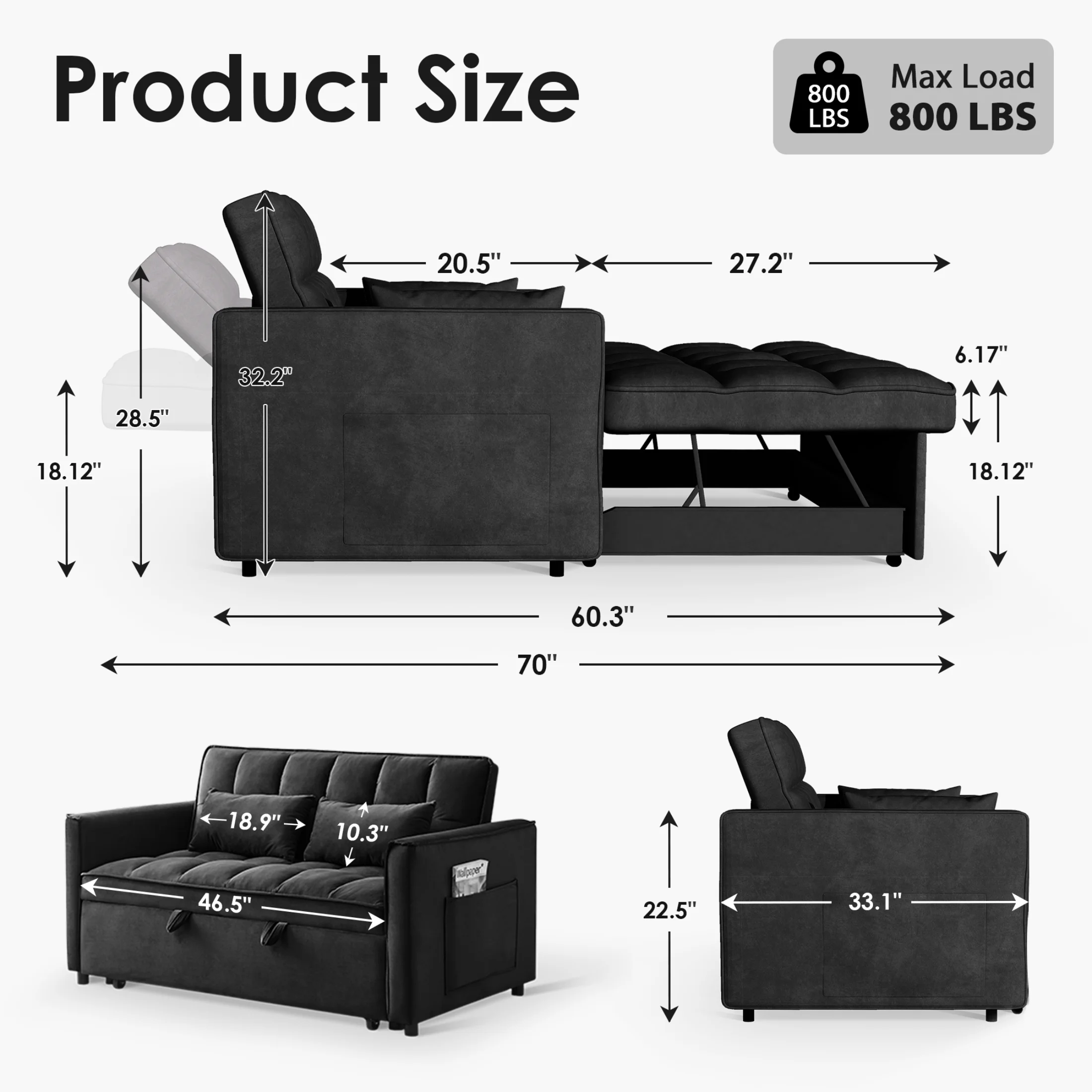 Convertible Sofa Bed, 3 in 1 Pull Out Sleeper Loveseat Couch with Storage, Black(Black) - Image 2