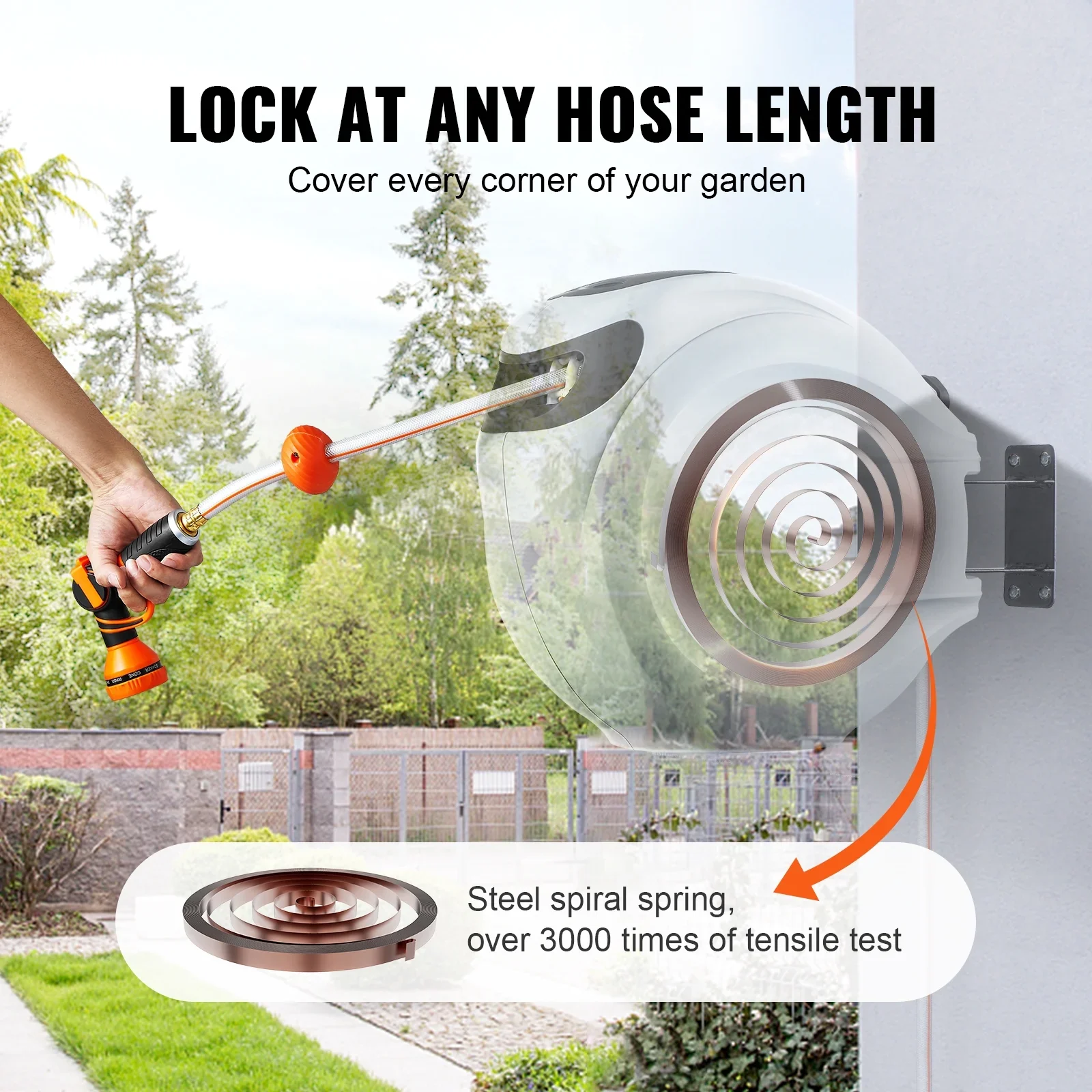 BENTISM Retractable Hose Reel, 115 ft x 1/2 inch, 180�� Swivel Bracket Wall-Mounted, Garden Water Hose Reel with 9-Pattern Nozzle, Automatic Rewind, Lock at Any Length, and Slow Return System