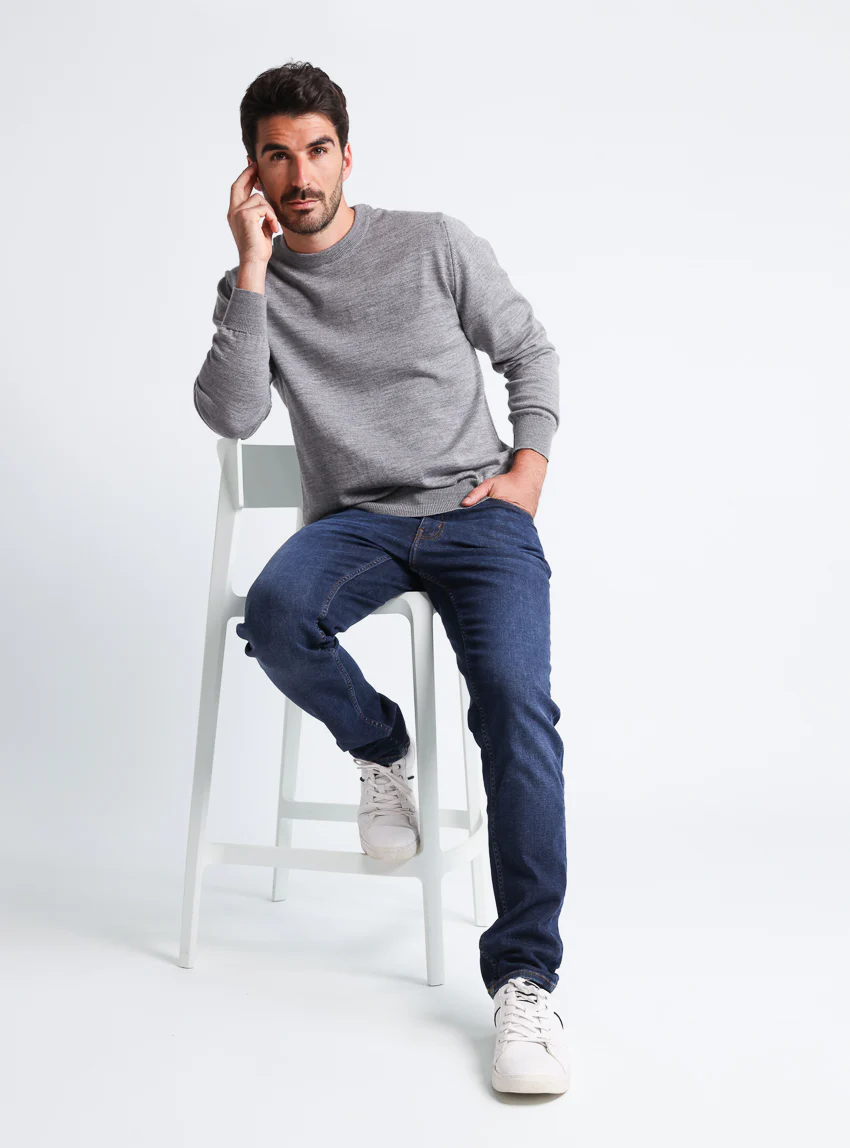 Pull homme col rond laine mérinos Gris Léger