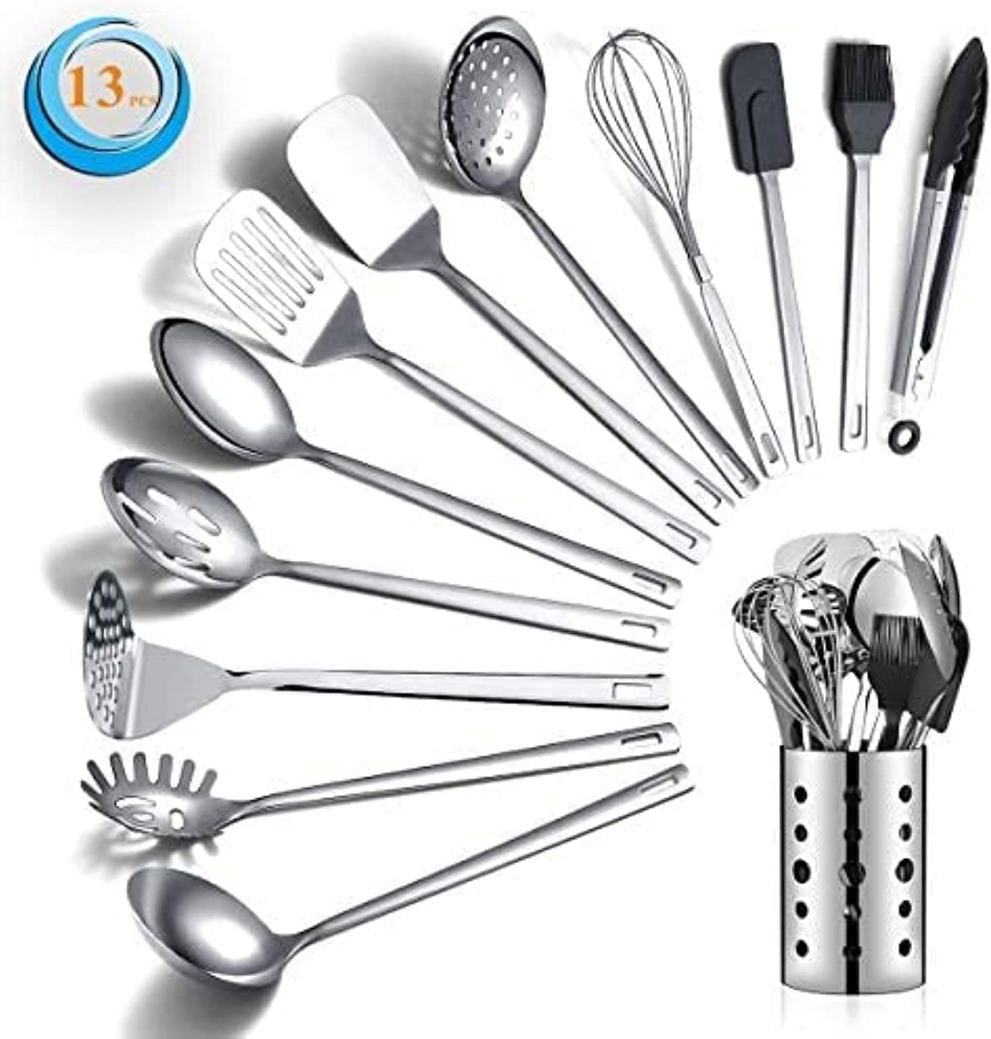 Stainless Steel Cooking Utensils Set, Berglander 13 Pieces Kitchen Utensils Set, Kitchen Tools Set With Utensil Holder Non-Stick And Heat Resistant, Dishwasher Safe, Easy to Clean (13 Pieces)