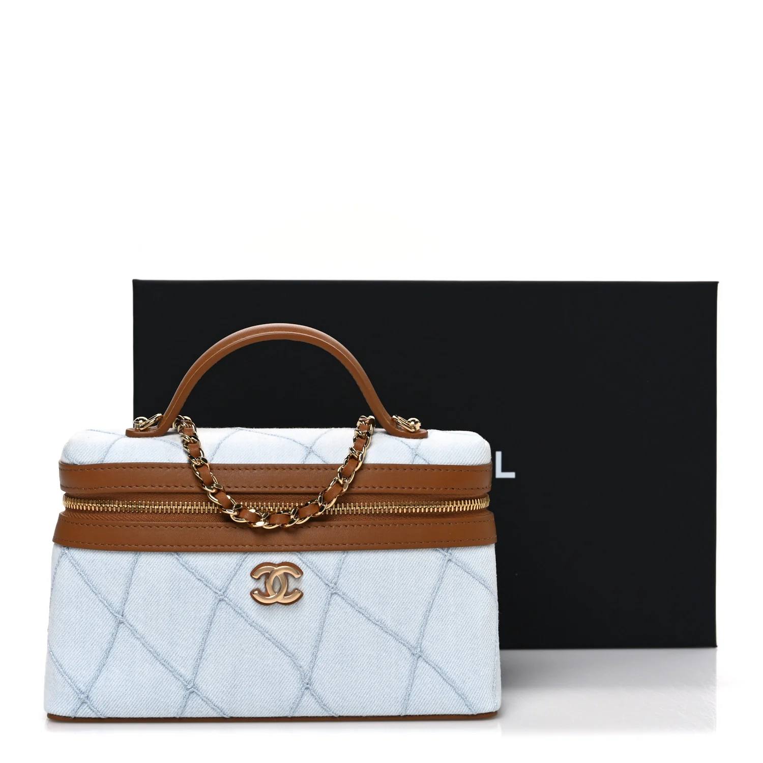 Washed Denim Calfskin Quilted Top Handle Slim Vanity Case With Chain Blue Brown