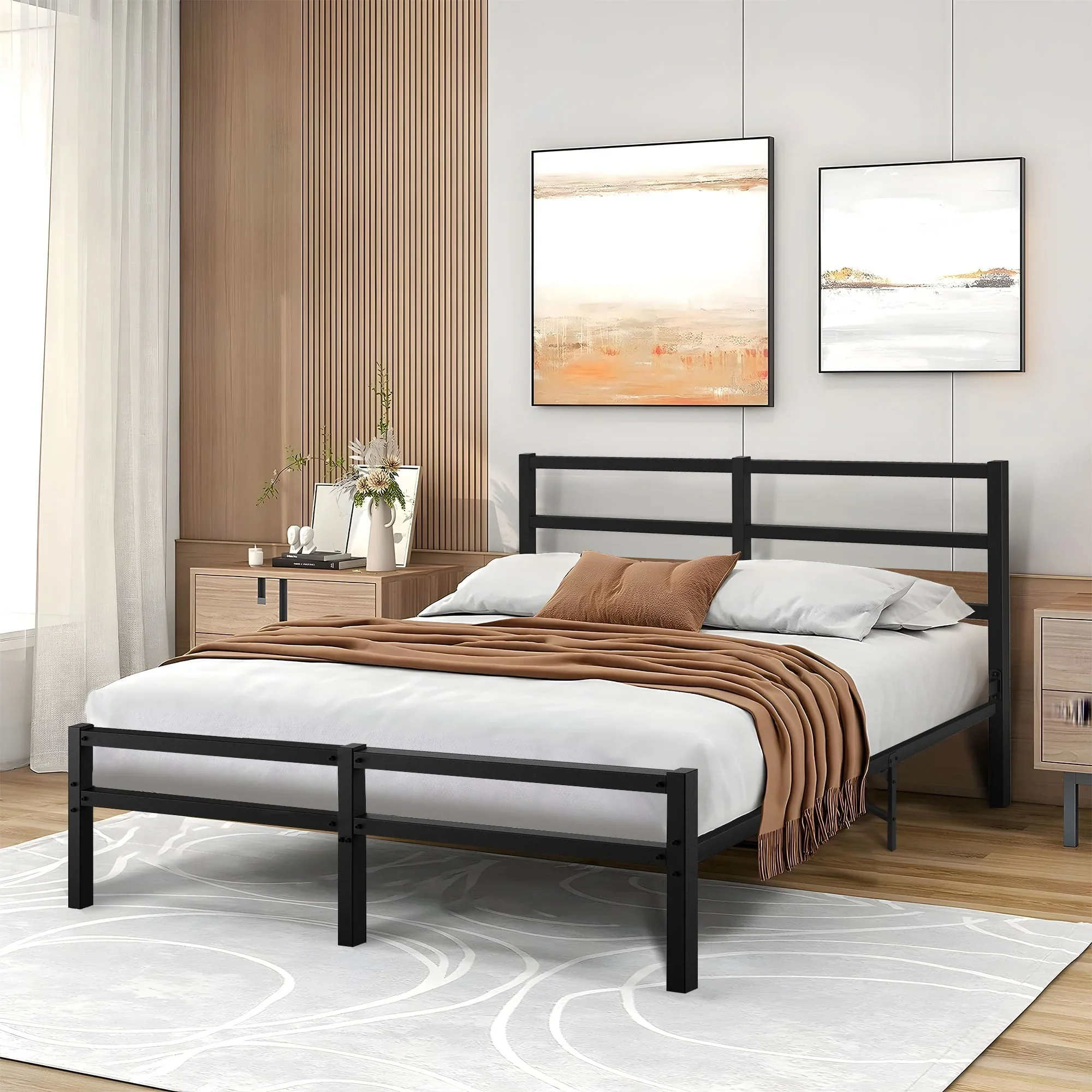 Sesslife Heavy Duty Full Size Metal Platform Bed Frame, Black Platform Bed with Vintage Headboard and Footboard, Sturdy Steel Slat Support, Iron Bed Frame for Bedroom