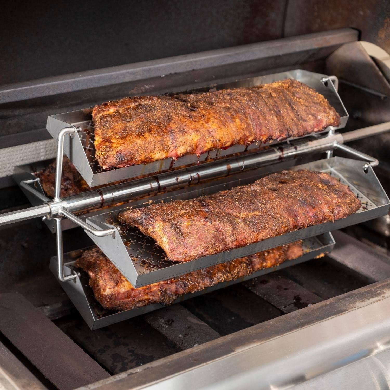 BBQGuys Signature Rib Rotisserie Rotating BBQ Grill Trays, Silver
