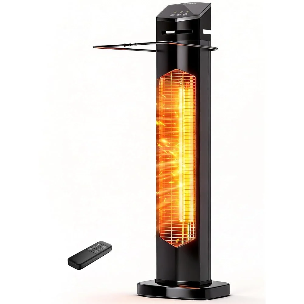 MEPTY Outdoor Heaters for Patio, 1500W Electric Infrared Heater with Remote, IP65 Waterproof, 12H Timer, Tip-Over&Overheat Protection, Quiet Operation, Tower Space Heater for Garage, Indoor,Room,Black