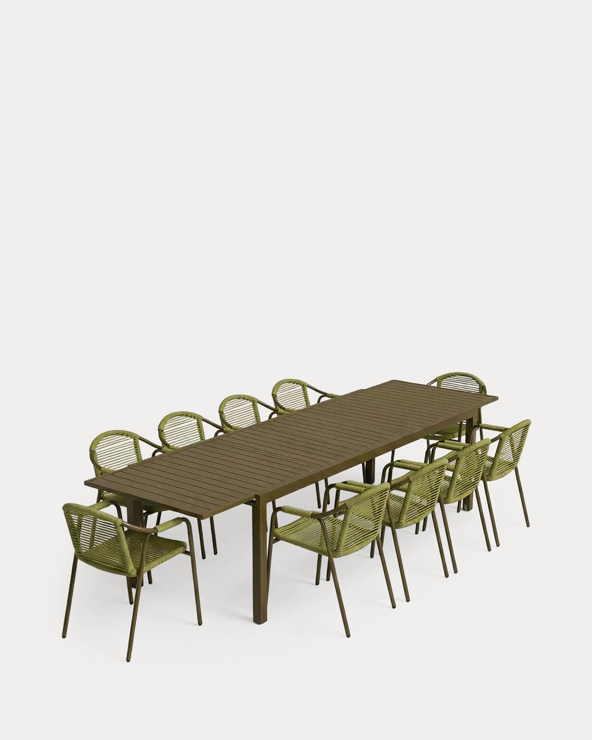 Set Seila - Murna - Set de Mesa Extensible Rectangular (135-265 cm) Seila y 10 Sillas con Reposabrazos de Metal Murna de Exterior