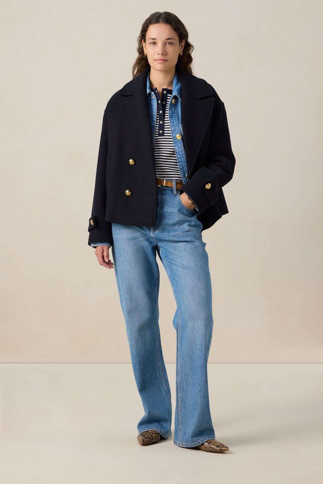 Donkerblauwe wollen peacoat jas