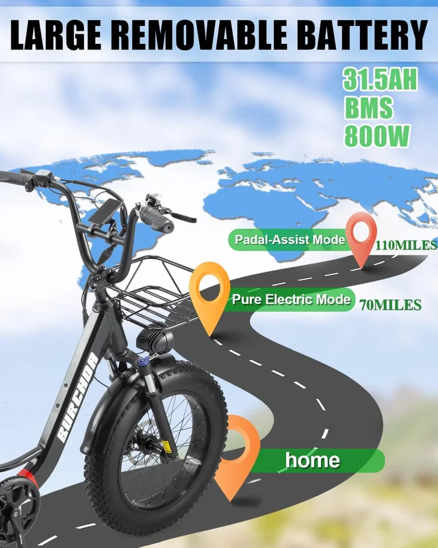 Electric Bike for Adults 20'', 800W UL2849 48V 32AH 110Miles Long Range Ebike up to 30mph Full Suspension E-mountain bike 4.0 Fat Tire Off-road, 2 Seats outdoor Dual Disc Brakes Electric bicycle(Blue) - Image 8
