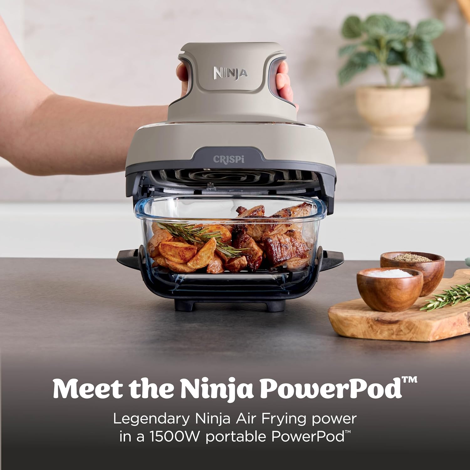 Ninja Crispi Glass Air Fryer, 4-in-1, Stone, FN101ST| Max crisp, bake, air fry, recrisp, 450F max, 4 Qt and 6 Cup containers, PFAS-free glass