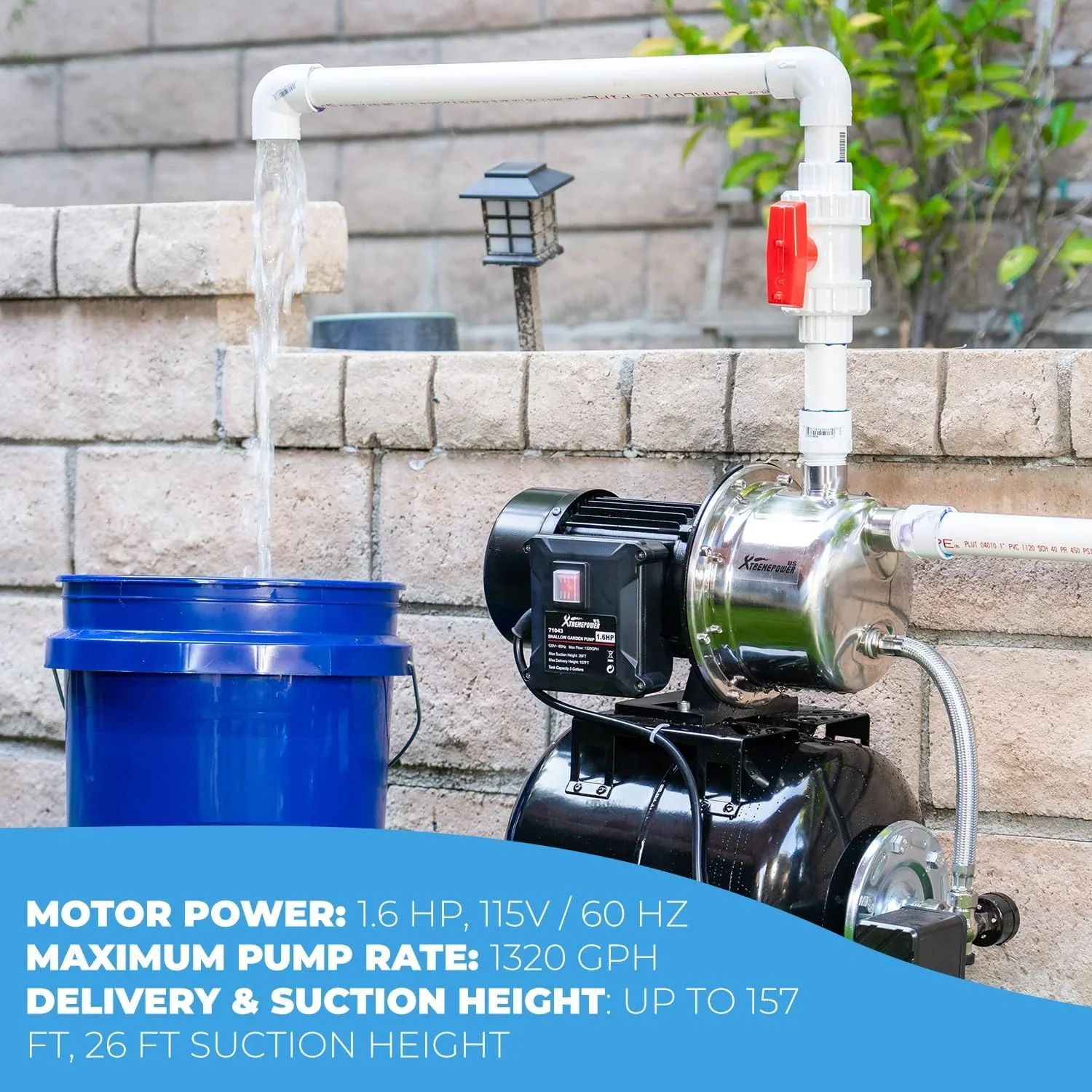 XtremepowerUS 1.6HP Portable Shallow Well Pump, 1268 GPH 120V With Controller, Stainless Steel, For Sprinkler, Irrigation, Garden, Lawn Water Transfer