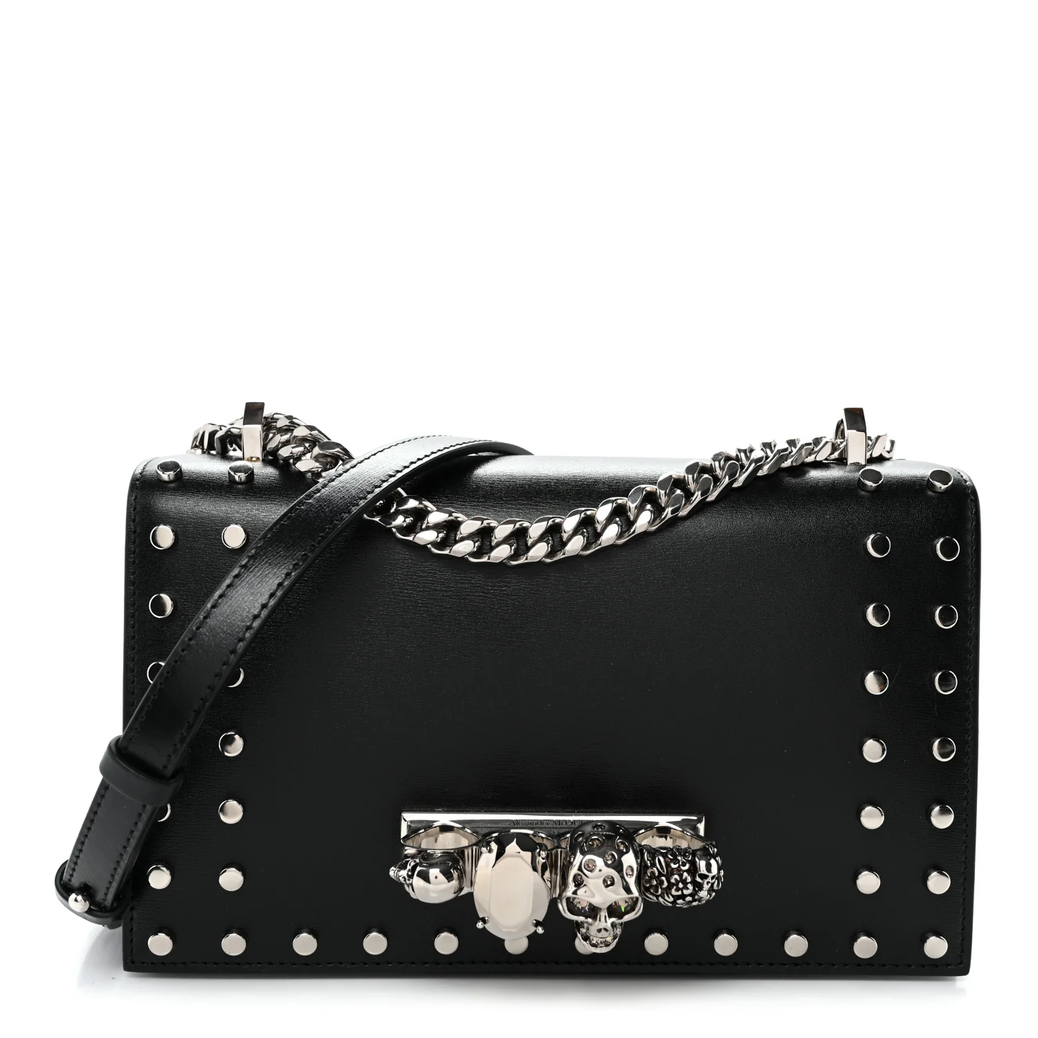 Calfskin Studded Jeweled Knuckle Satchel Black