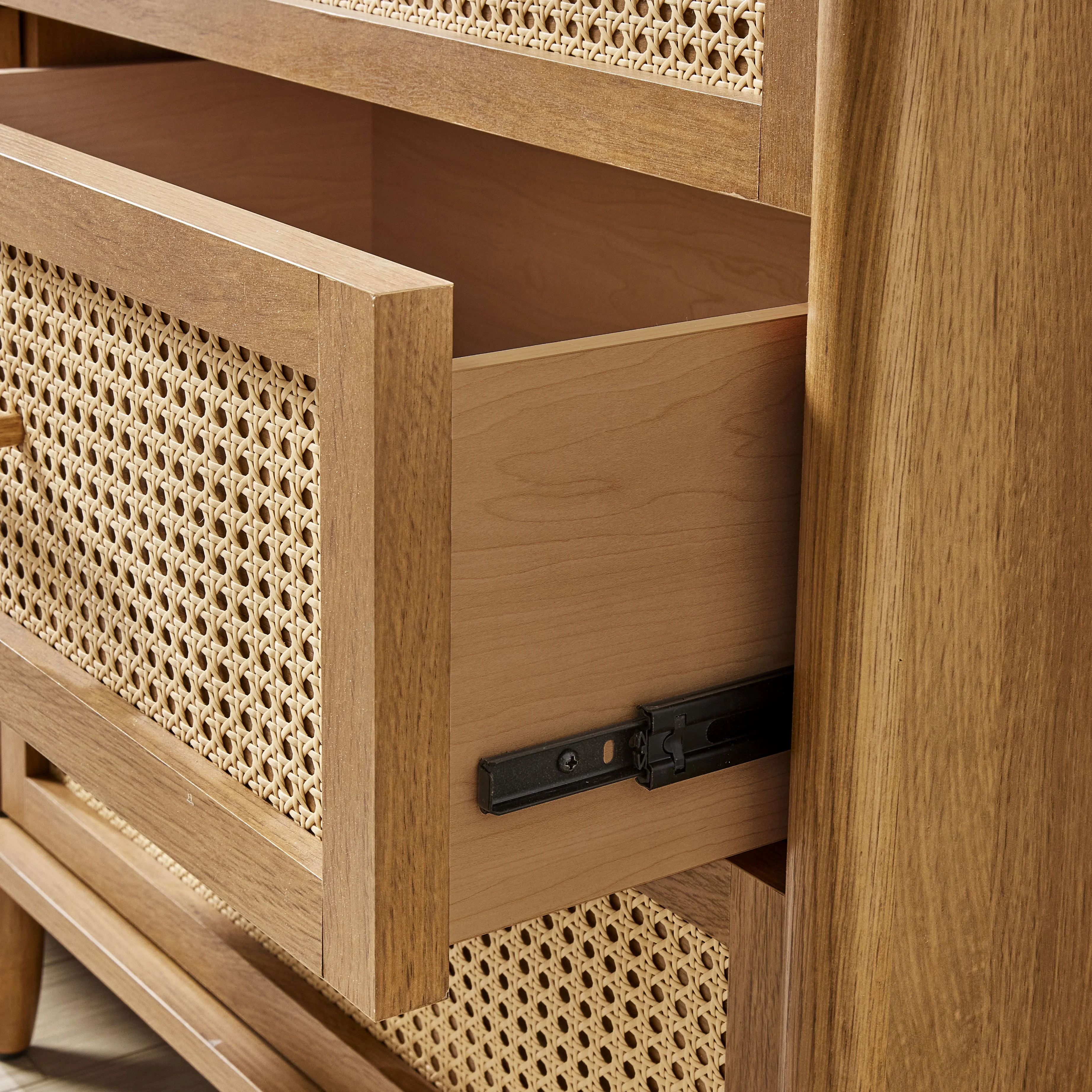 Better Homes & Gardens Springwood Caning 3-Drawer Nightstand with USB, Light Honey finish