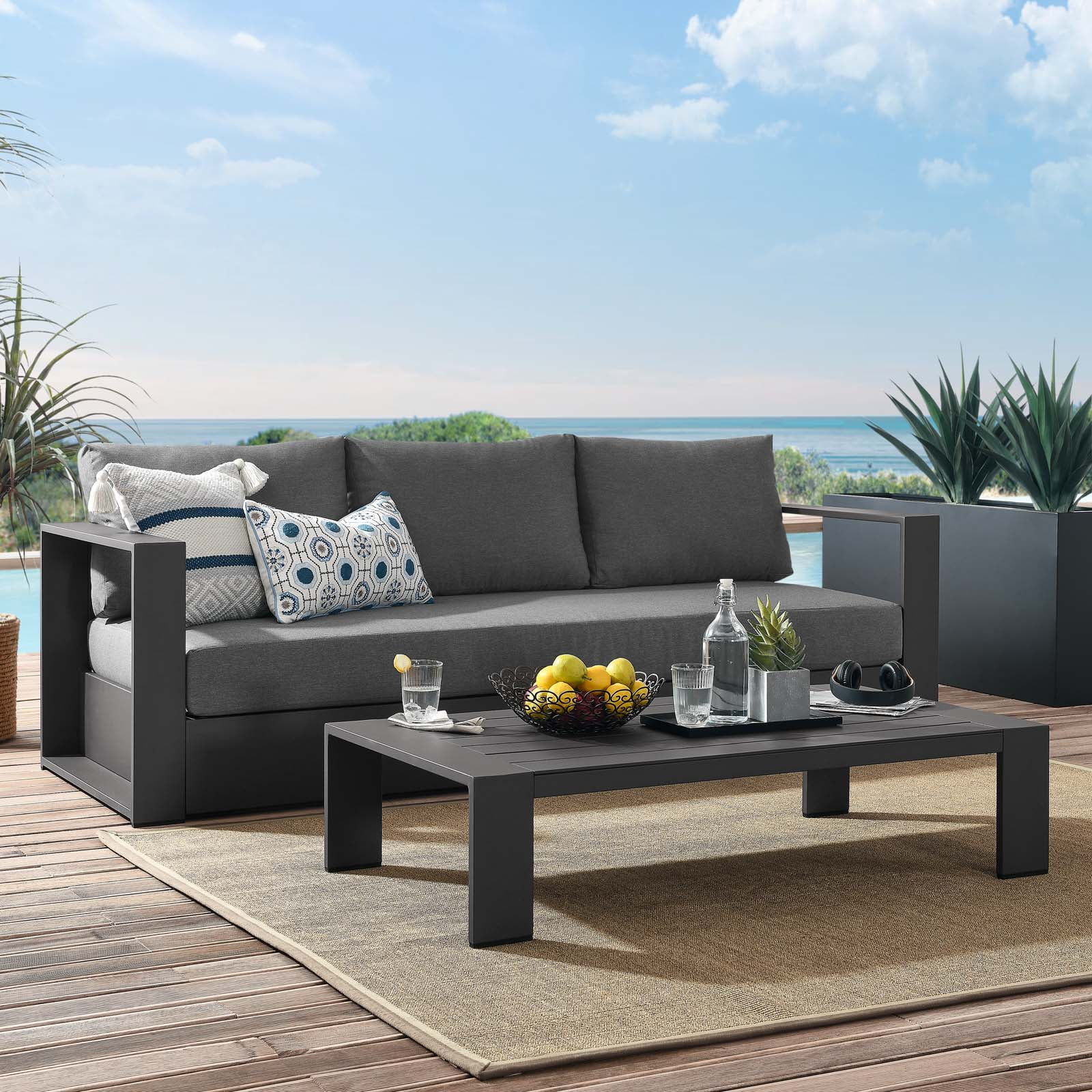 Lounge Sofa Table Set, Grey Gray, Aluminum, Metal, Fabric, Modern Contemporary, Outdoor Patio Balcony Cafe Bistro Garden Furniture Hotel Hospitality(Gray Charcoal) - Image 2