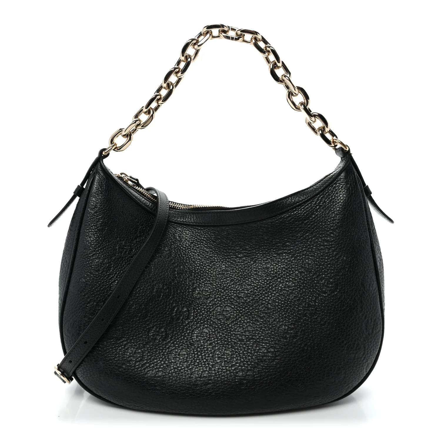 GG Grainy Calfskin Emblem Large Half Moon Shoulder Bag Black