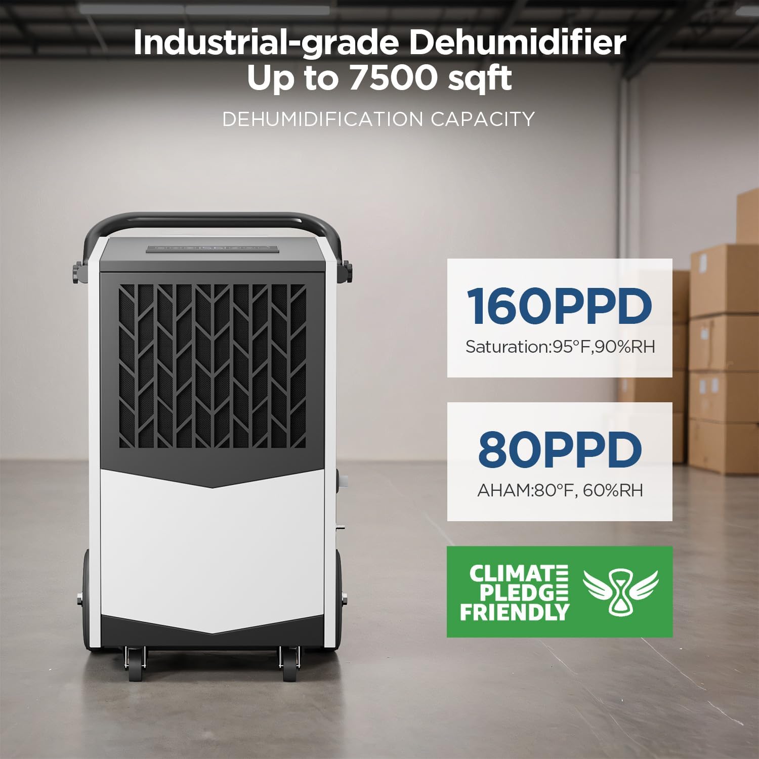 160 Pint Commercial Dehumidifier with Built-in Pump, Industrial Dehumidifier for Basement & Warehouse, 7500 Sq.Ft Large Dehumidifier with Drain Hose, Auto Defrost, 24H Timer, Auto Restart