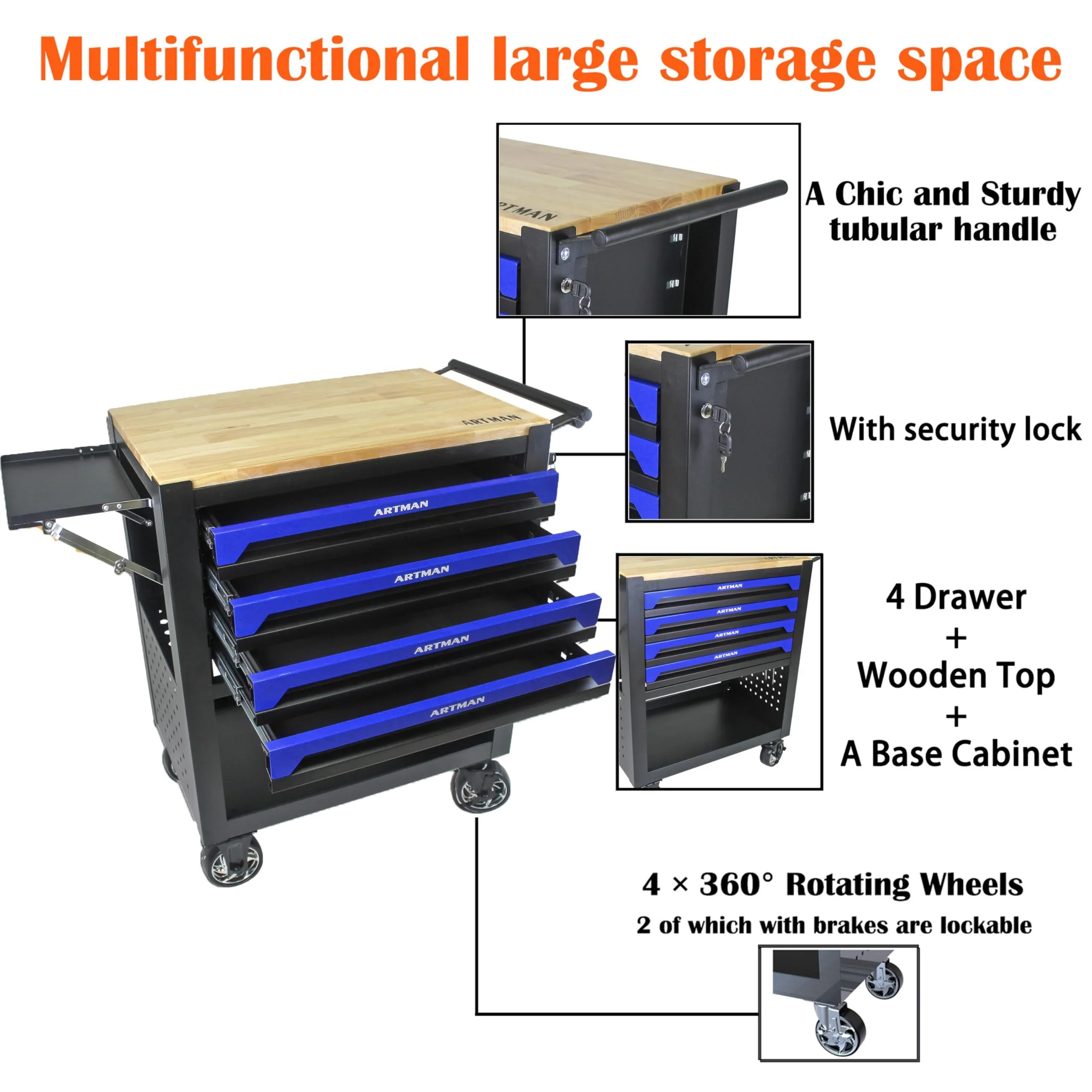 NIGSQJB 4 Drawers Tool Chest on Wheels, 35.4H Tool Storage Cart with Wooden Top,Drawers Rolling Tool Box Organizer Tool Case with Lock for Garage,Warehouse,Workshop,Repair Shop, Blue Black