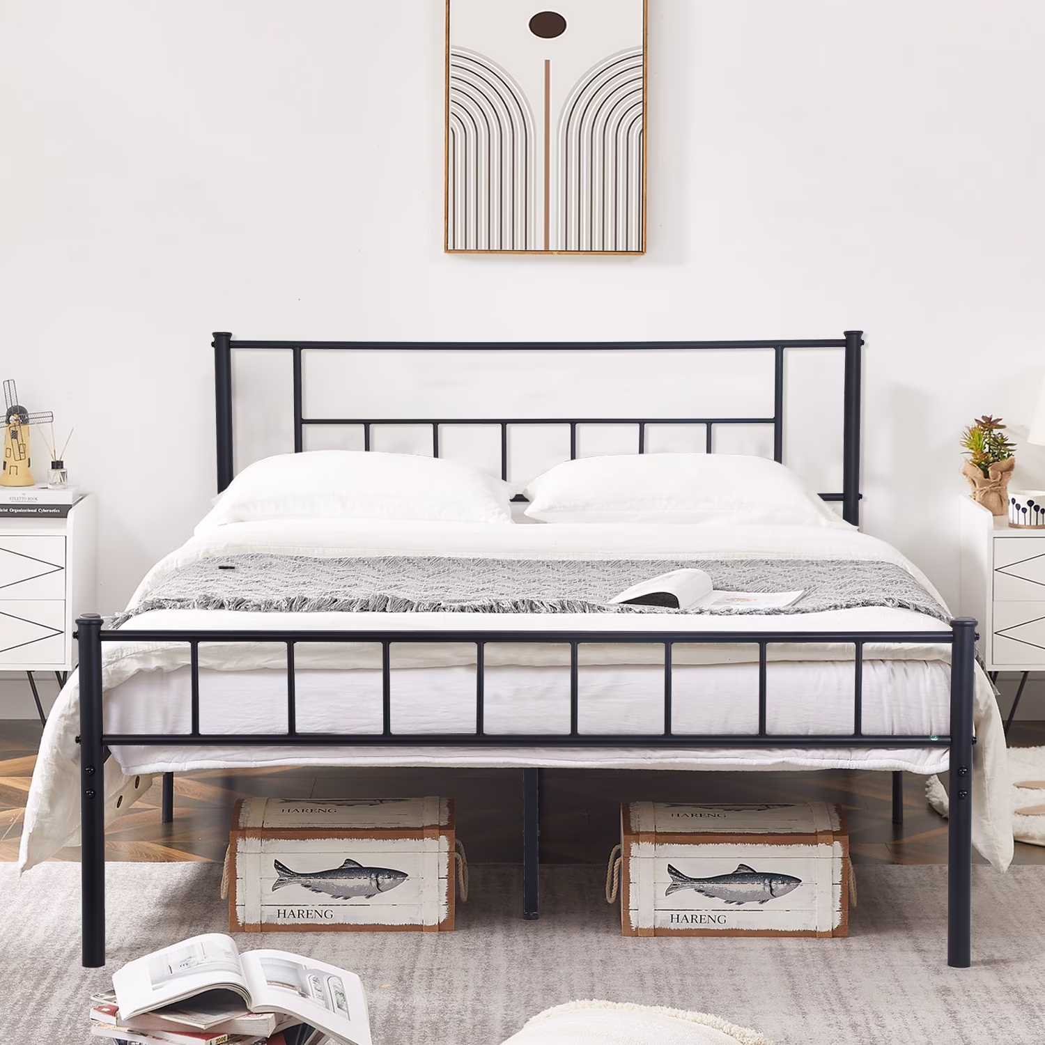 King Bed Frame with Headboard, Heavy Duty Metal Platform Bed Frame King Size, 12 Inch High Bedframe Mattress Foundation with Ample Storage, No Boxing Spring Needed(King)