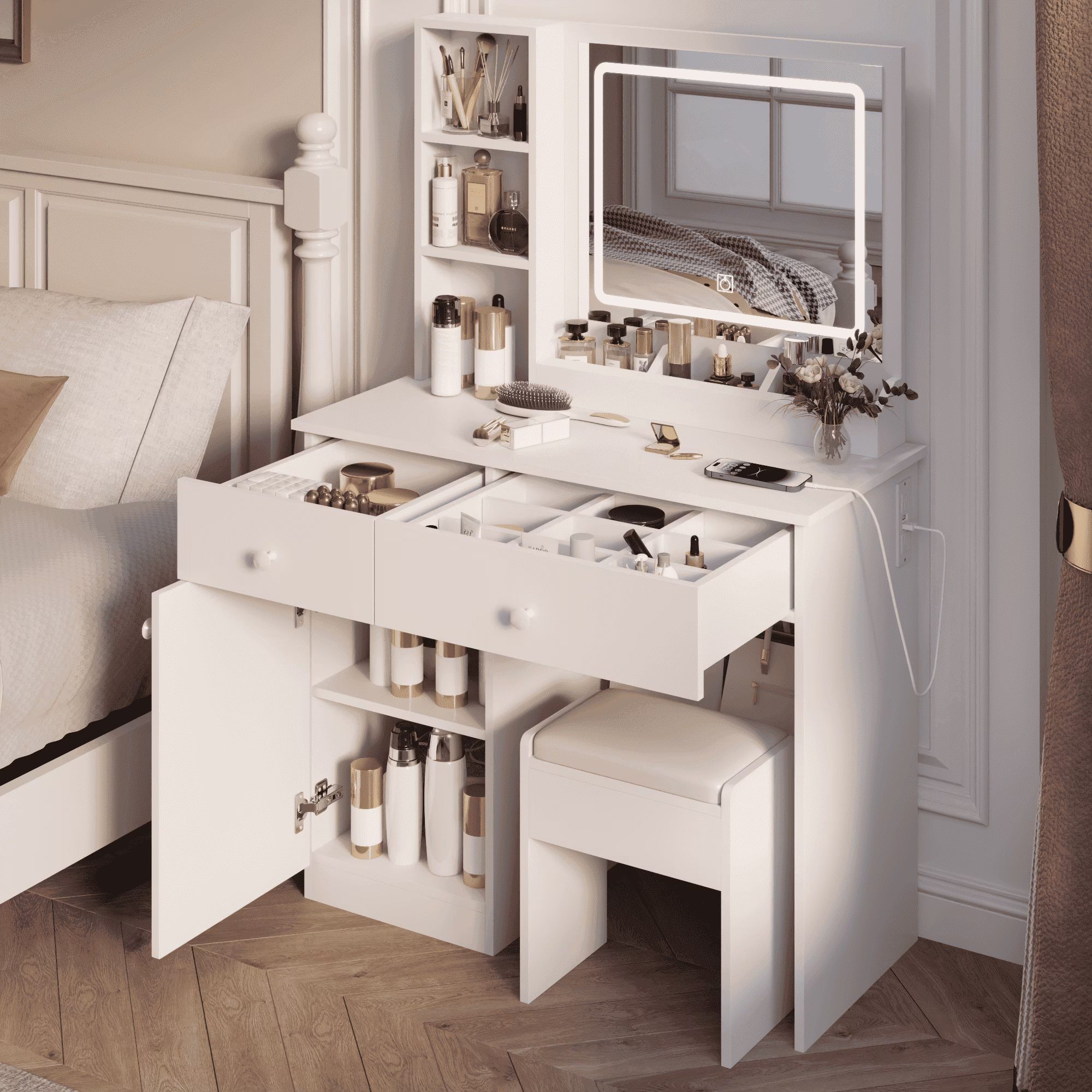 Modern Mini Vanity w/Adjustable LED Mirror + Hidden Storage, Padded Stool Dustproof Shelves (White)(White-S7) - Image 9