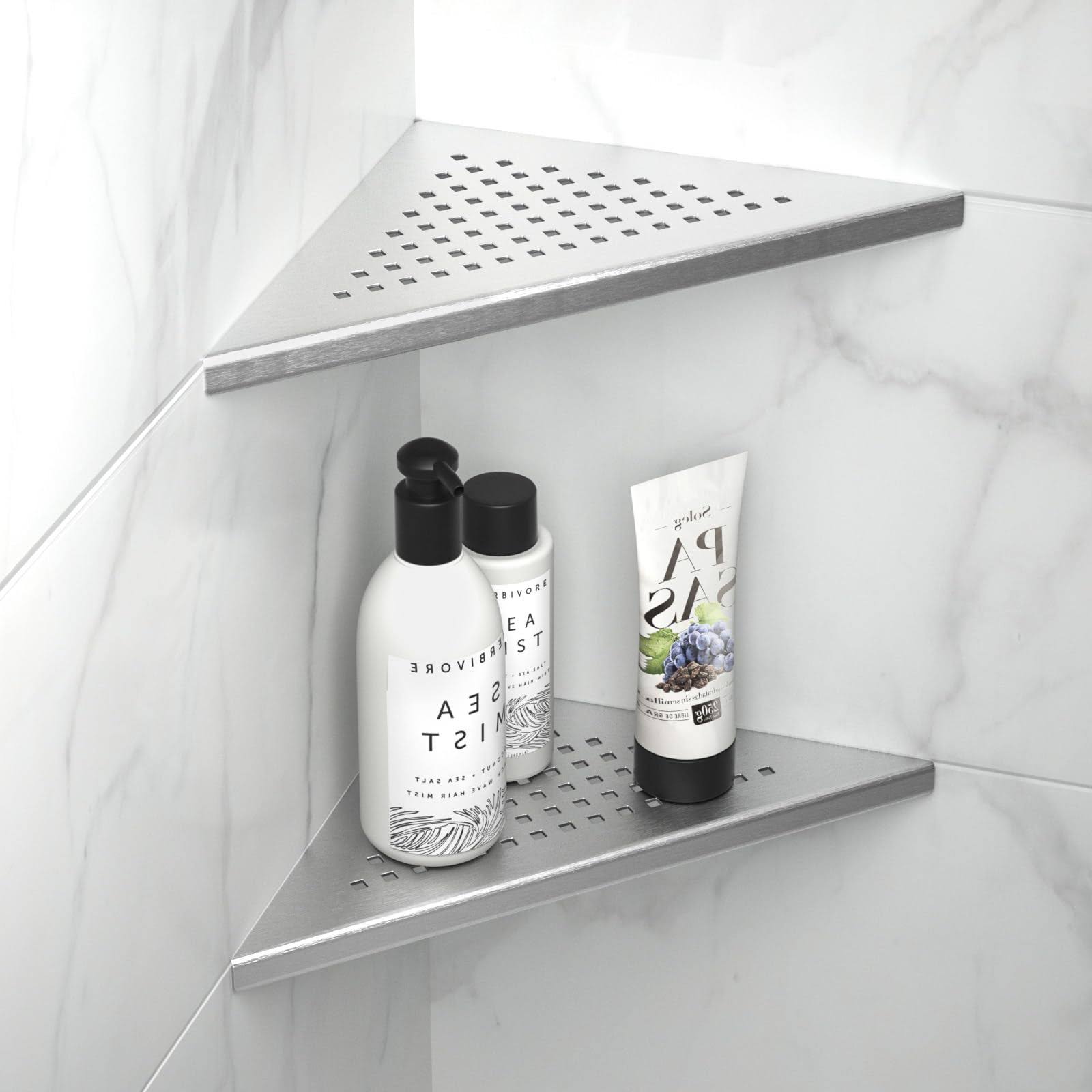 Bernkot 8'' Corner Shower Shelf 2 Pack, 304 Stainless Steel Tiled Shelves for Bathroom, Recessed Shelf Rack, No Drilling Needed (8'', Silver)
