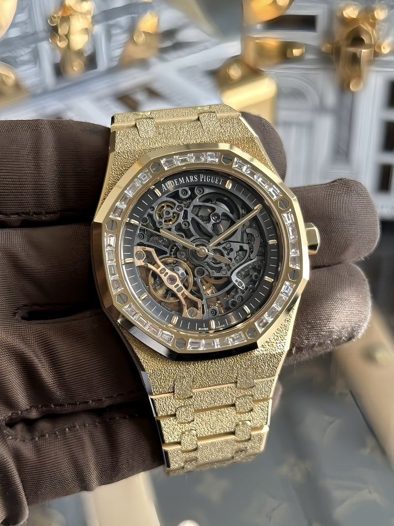 Audemars Piguet Royal Oak 154120R Skeleton Dial, 18K Rose Gold Plated with Rectangular Moissanite Bezel, 1:1 Super Clone Replica, 41mm
