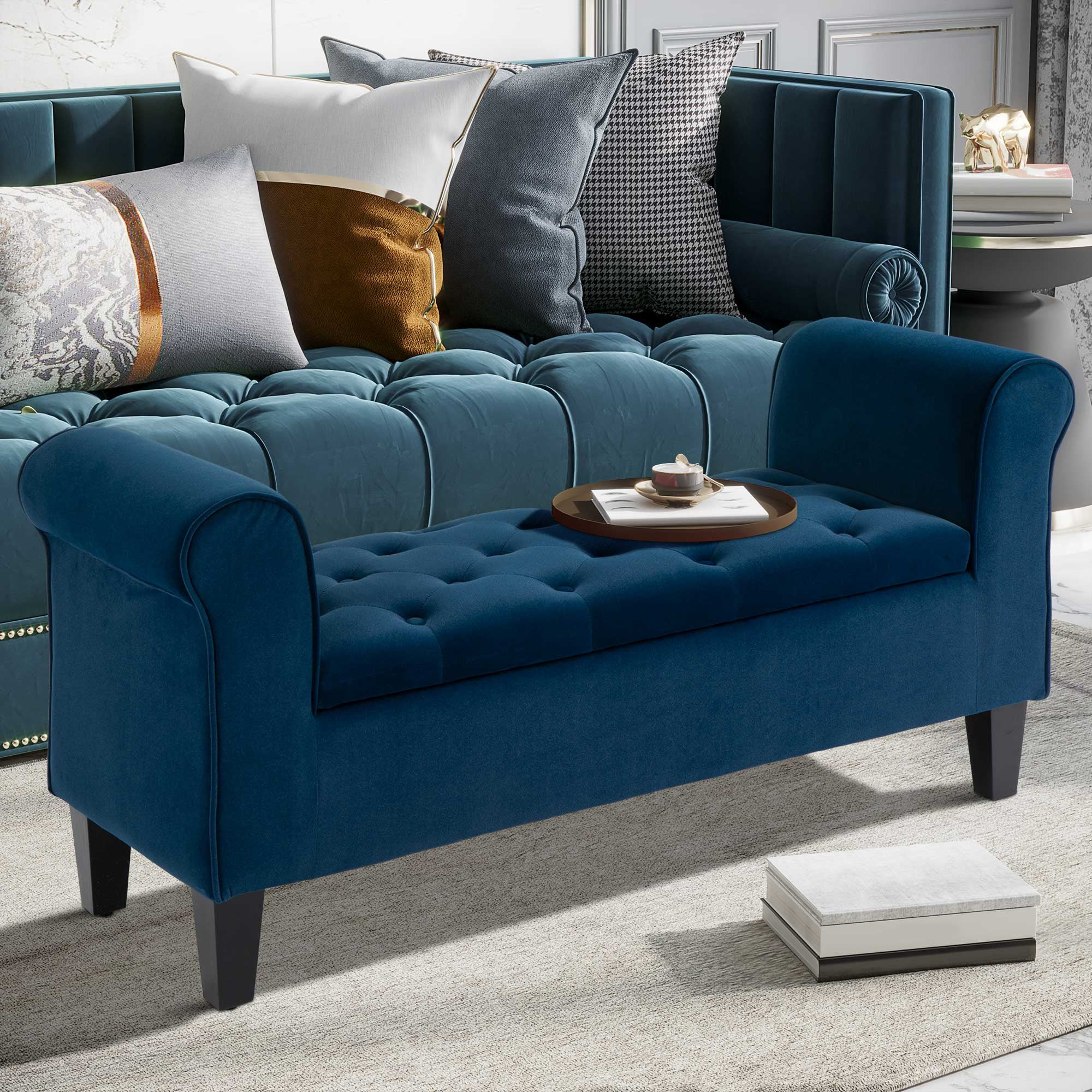 HOMCOM Button-Tufted Storage Ottoman Bench, Upholstered Bench with Rolled Armrests for Living Room or Hallway, Blue(Blue)