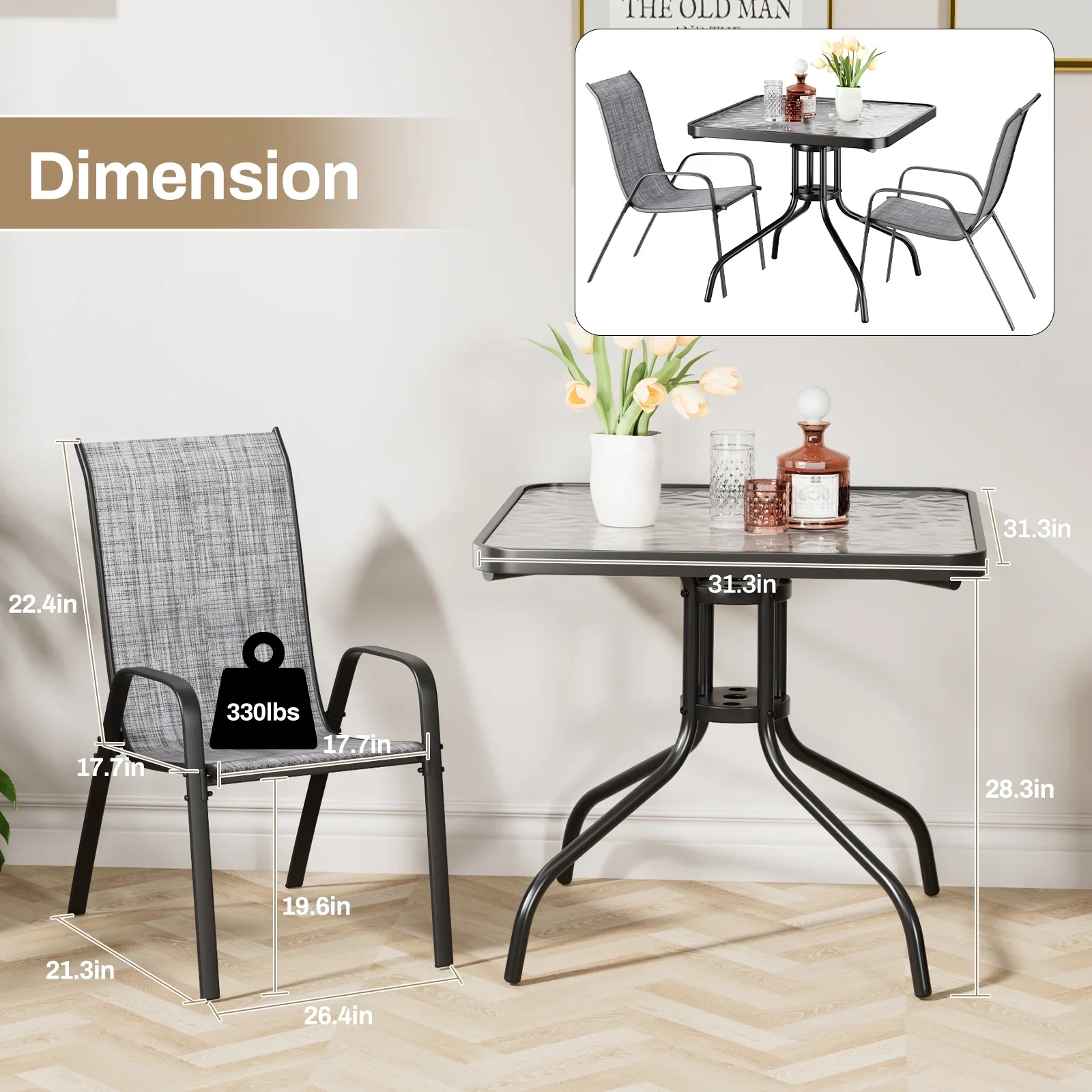 Pirecart 5-Piece Outdoor Patio Dining Table Set with 4 Stackable Textilene Chairs for for Patio, Lawn, Garden, Gray