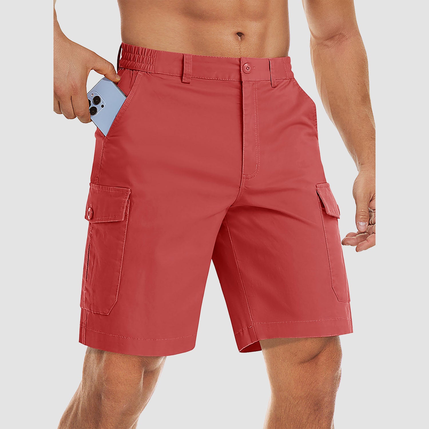 Short cargo homme à poches multiples, idéal pour le travail. Taille élastique. Short décontracté en coton.