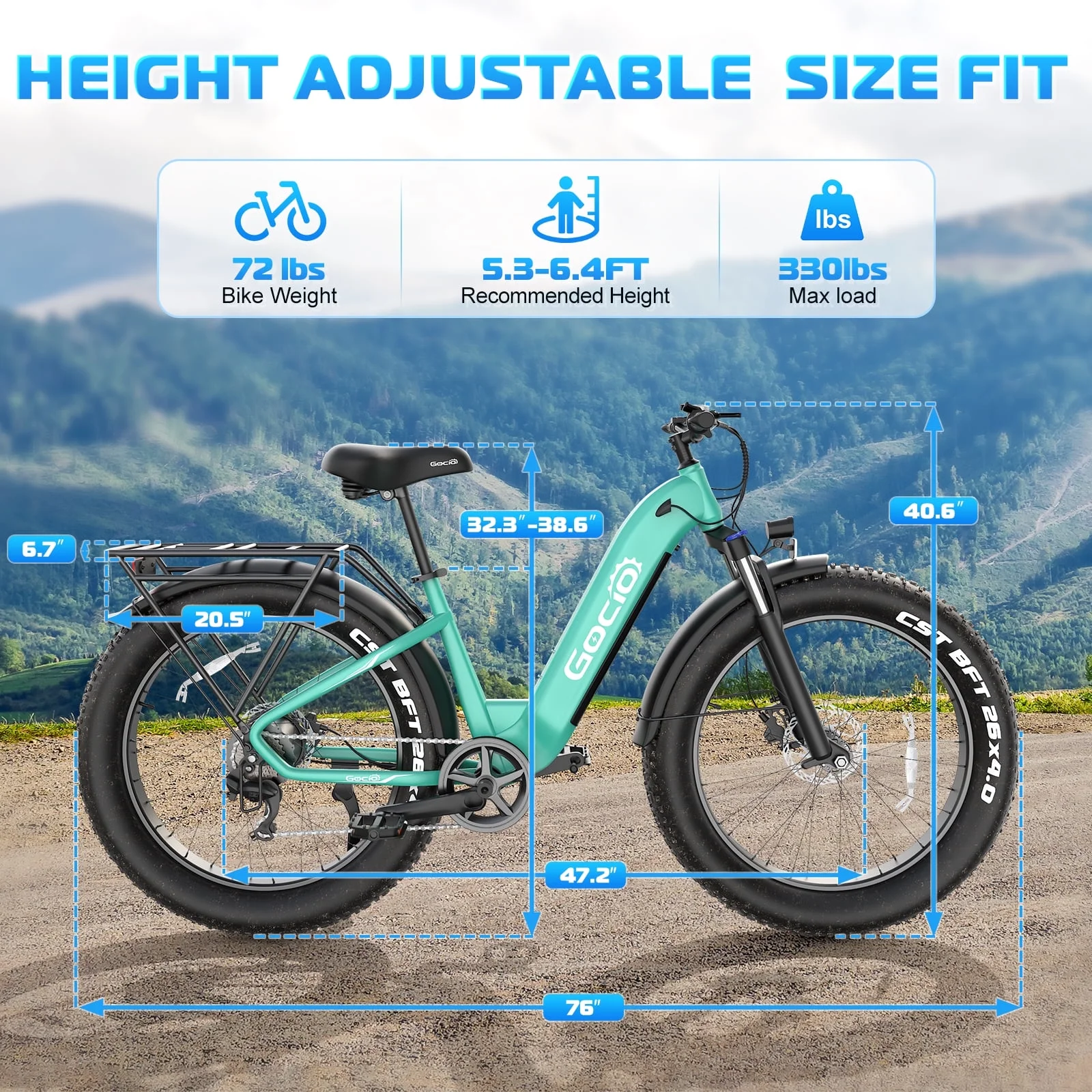 Electric Bike for Adults, 26" Fat Tire E-Mountain Bike, 1350W Peak Motor 48V 15Ah Battery, 22MPH 7-Speed Ebike for off Road, UL 2849(Cyan) - Image 10
