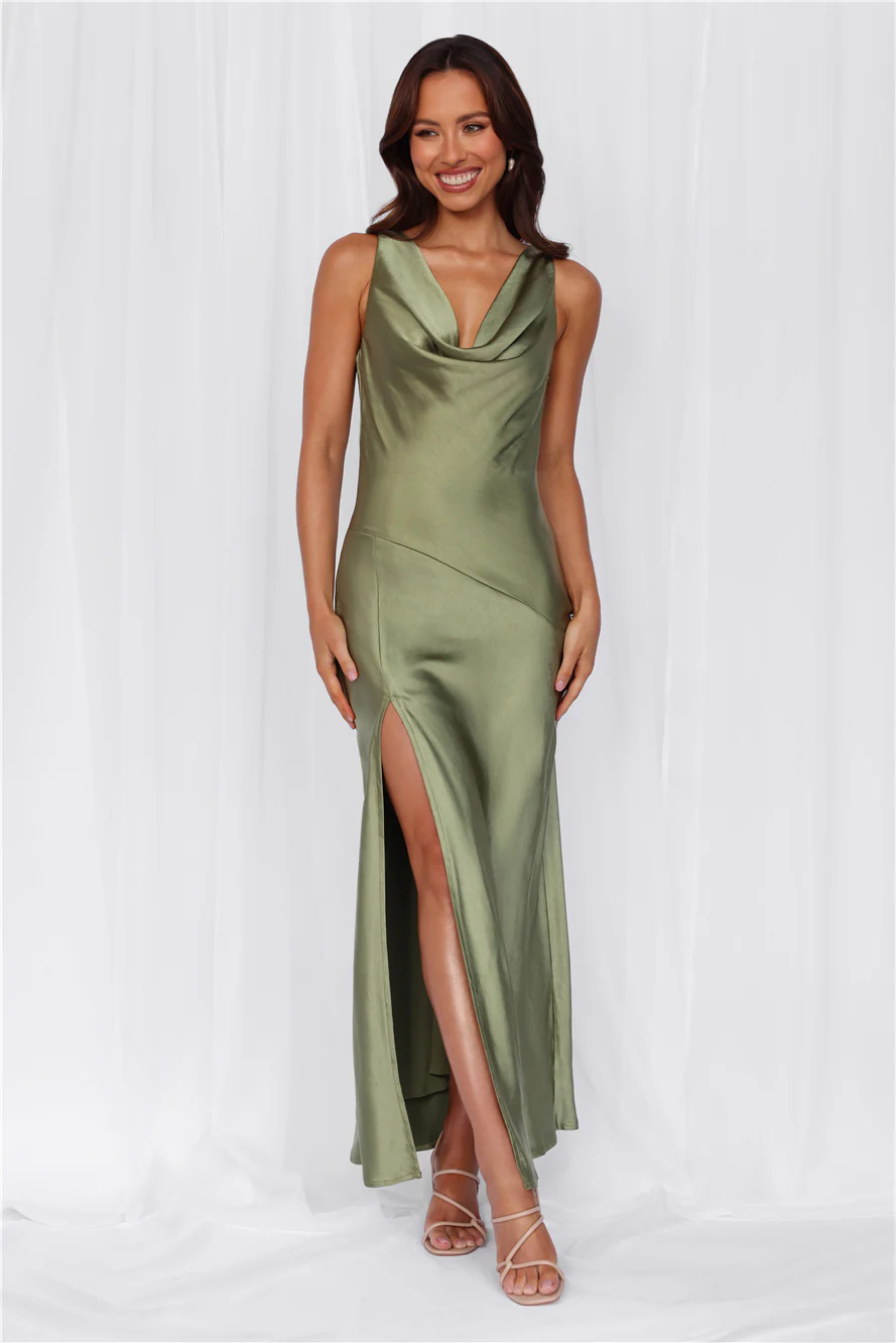 HELLO MOLLY The Loretta Cowl Satin Maxi Dress Olive