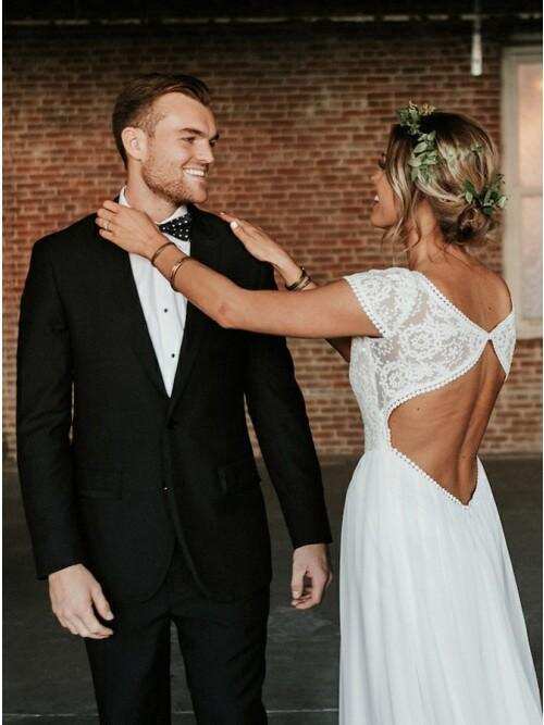 A-Line Bateau Cap Sleeves Open Back Bohemian Wedding Dress with Lace DMR21