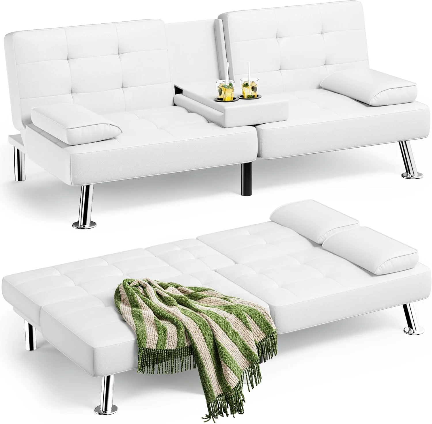 Canapé-lit futon Homall, canapé futon en cuir avec accoudoirs amovibles, canapé-lit inclinable réglable avec deux porte-gobelets pour salon, appartement, bureau (noir)