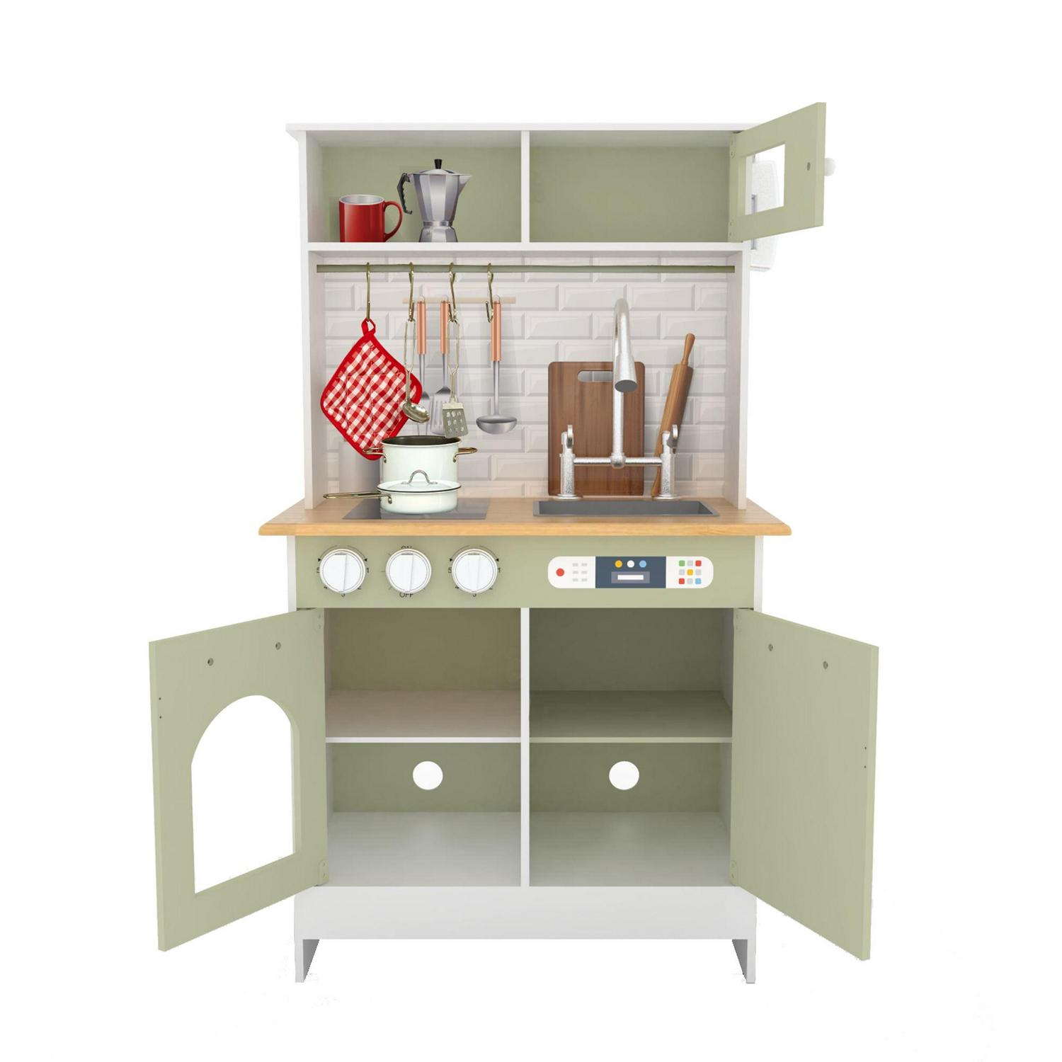 Teamson Kids Little Chef Boston Modern Kitchen Playset. 9 Pcs Acc Set. Oven. Microwave. Burner. Sink. White/Green