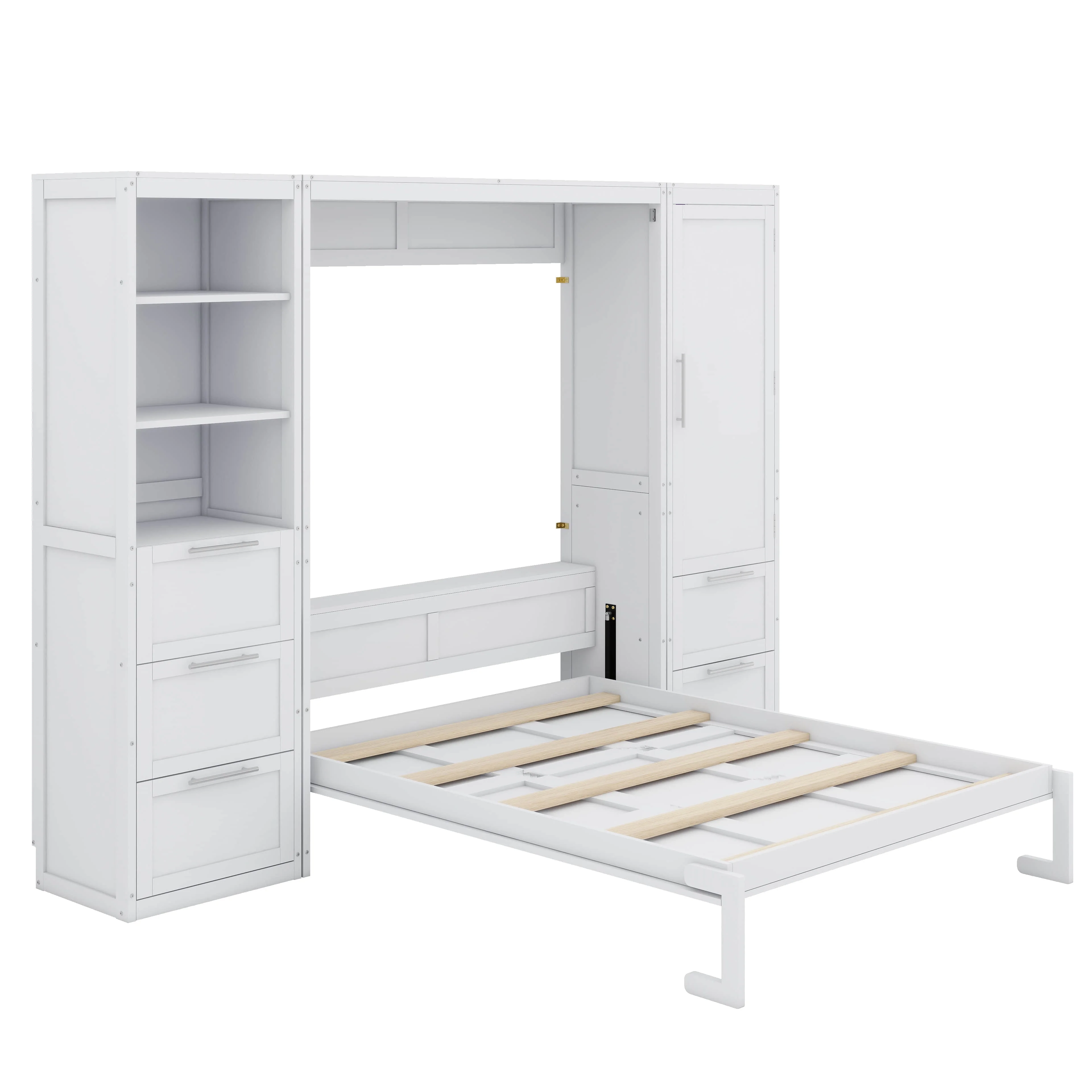Queen Size Gray Murphy Bed Wall Bed with Closet,Drawers and Shelves(White) - Image 8