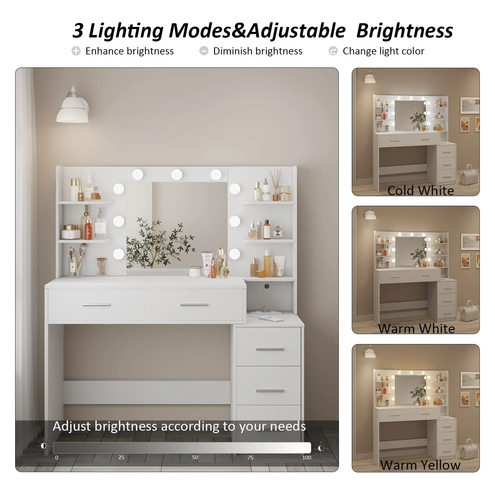 Makeup Vanity with Mirror and Lights,3 Lighting Colors,Bedroom Vanity Table with Charging Station,White Make Up Desk with 5 Drawers Storage and Open Shelves(White) Image 5