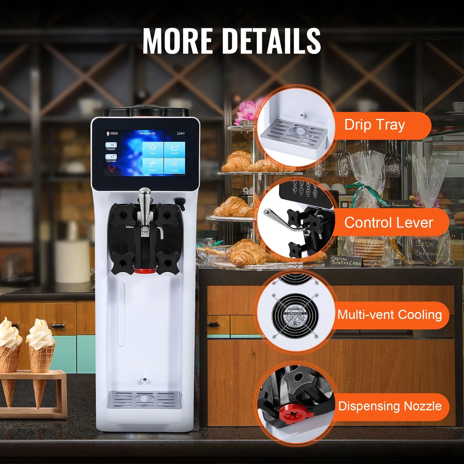 Commercial Ice Cream Machine 2.7-4gal/10-15L/H 4L Hopper Single Flavor Countertop Soft Serve Ice Cream Maker Auto Clean Pre-Cooling - Image 7
