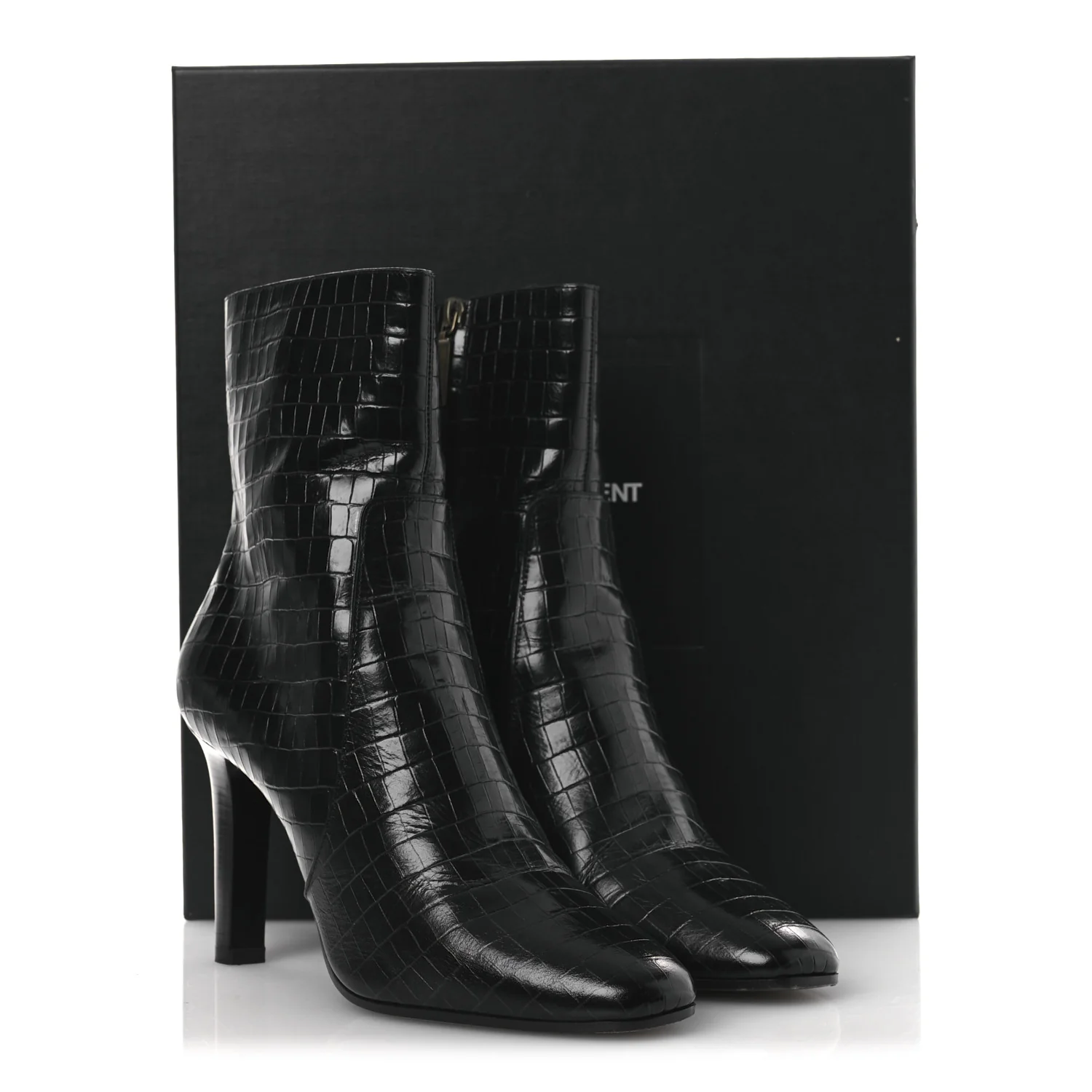 Shiny Crocodile Embossed Jane 90 Zip Booties 42 Black