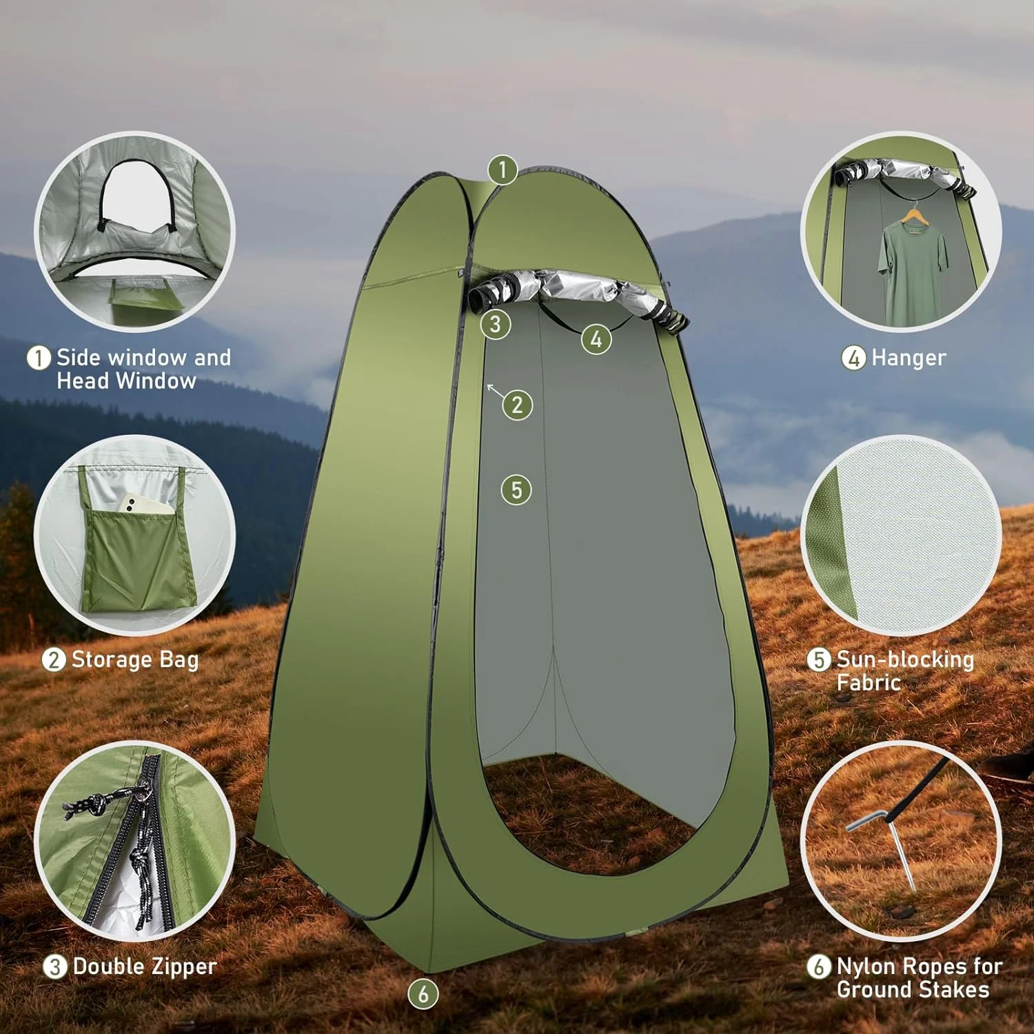 Portable Camping Toilet Kit for Adults, X Large Pop-Up Privacy Tent with Folding Toilet and Outdoor Shower Facilities(Green) - Image 2