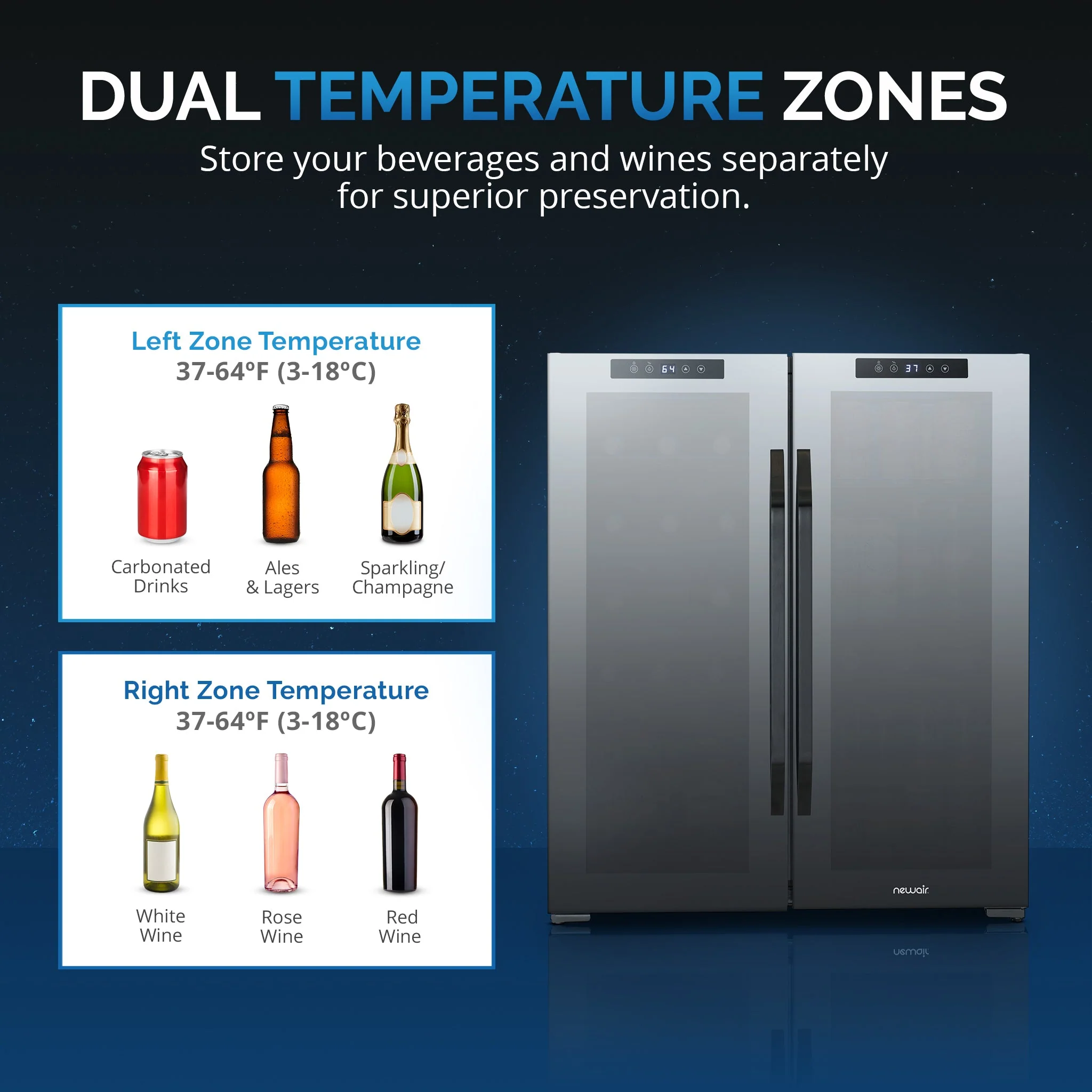 Newair 59-Can, 18-Bottle Freestanding Dual Zone Beverage Fridge - 27.4
