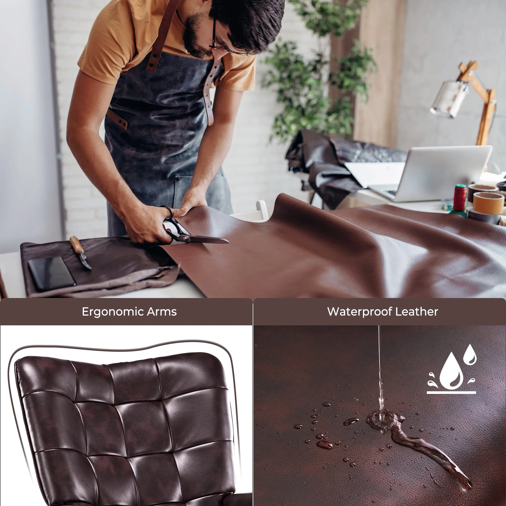 Livingroom Chair Modern Accent Chair, Faux Leather Wingback Accent Chair PU Leather Accent Chair for Home Office/Living Room/Bedroom, Maroon(Brown) Image 6