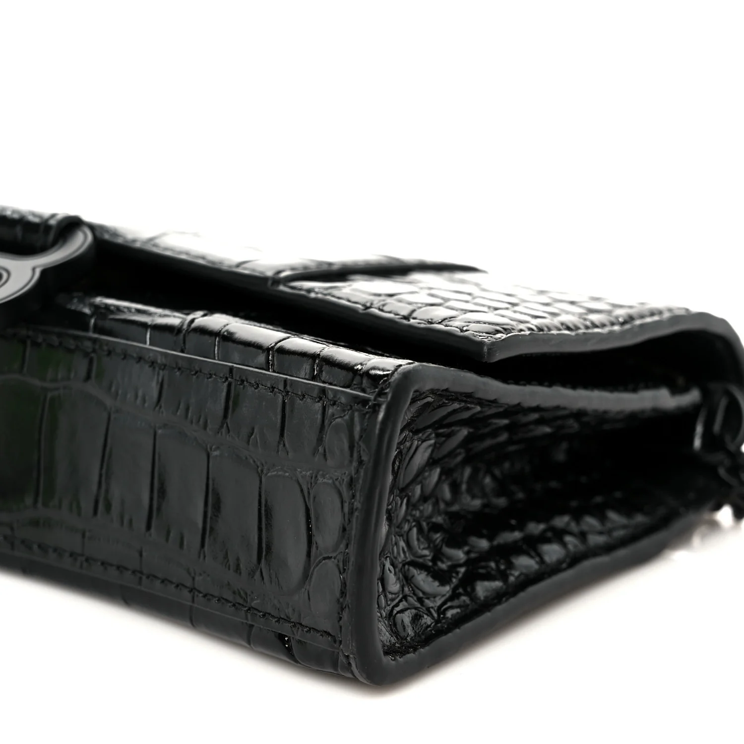 Shiny Calfskin Monochrome Crocodile Embossed Hourglass Chain Bag Black